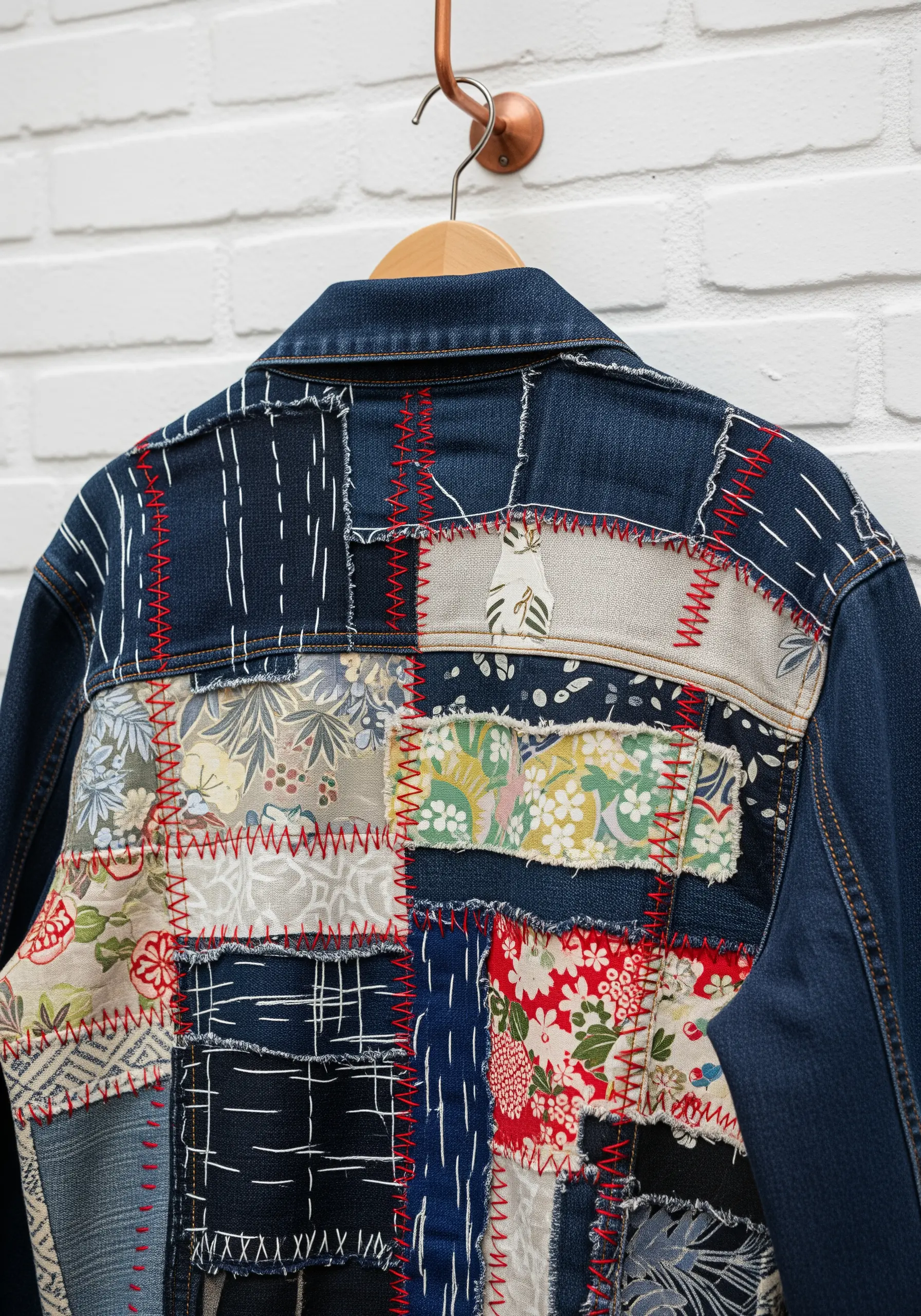 Denim jacket with a back panel covered in Boro-style patchwork and red running stitches.