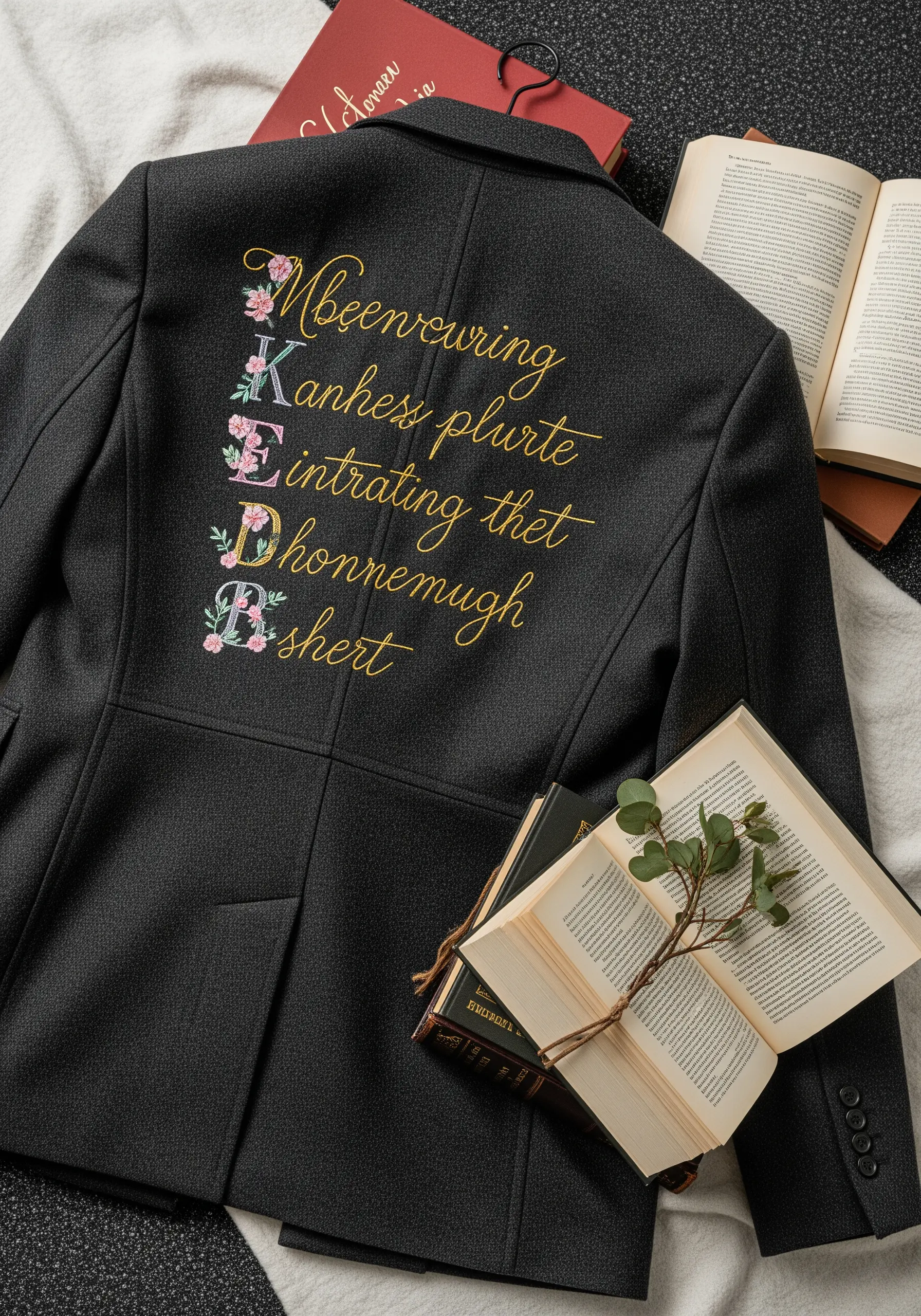 An acrostic poem embroidered in script on a black blazer, with letters decorated with flowers.