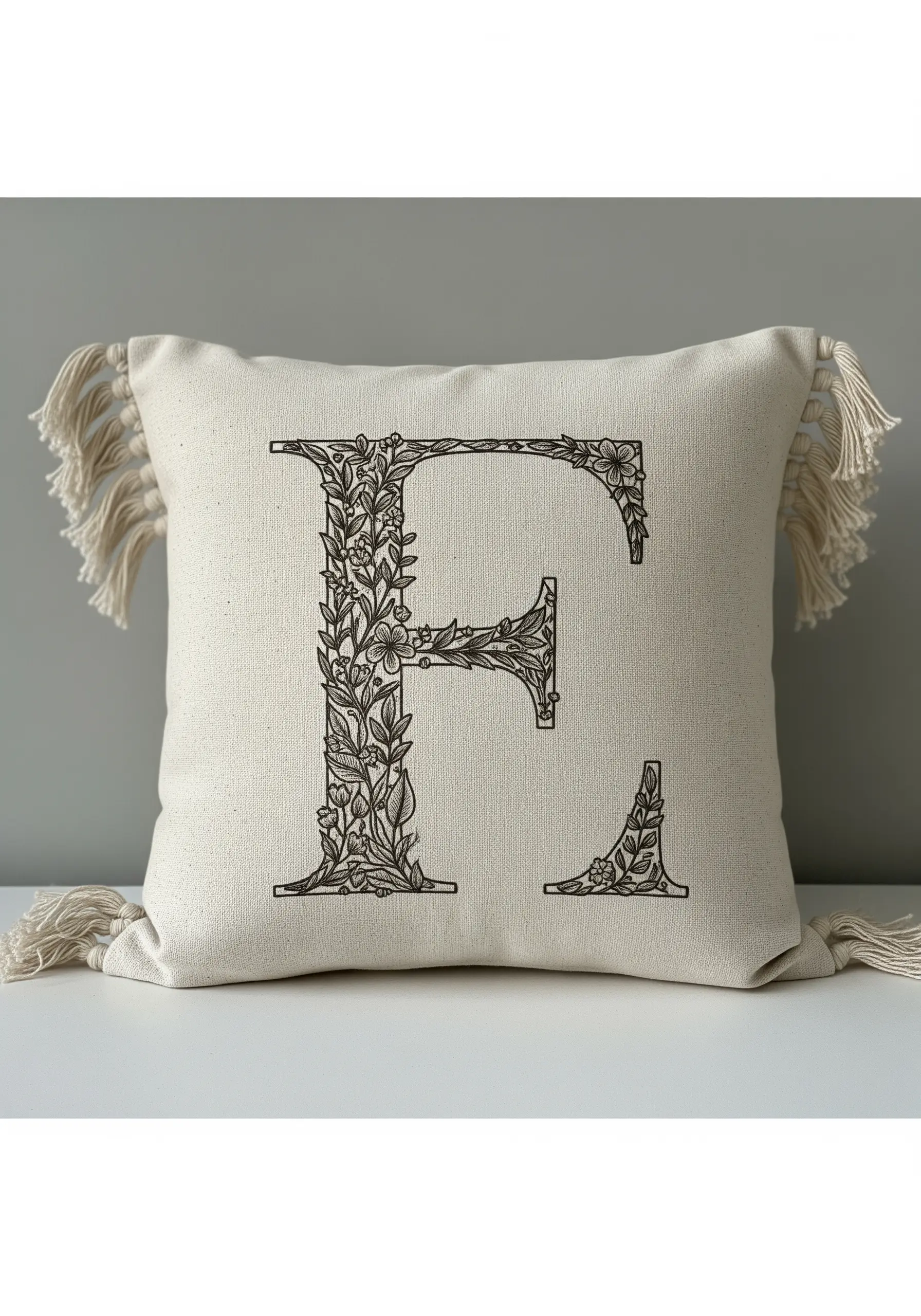 A highly detailed floral monogram 'E' stitched in black thread on a neutral pillow.