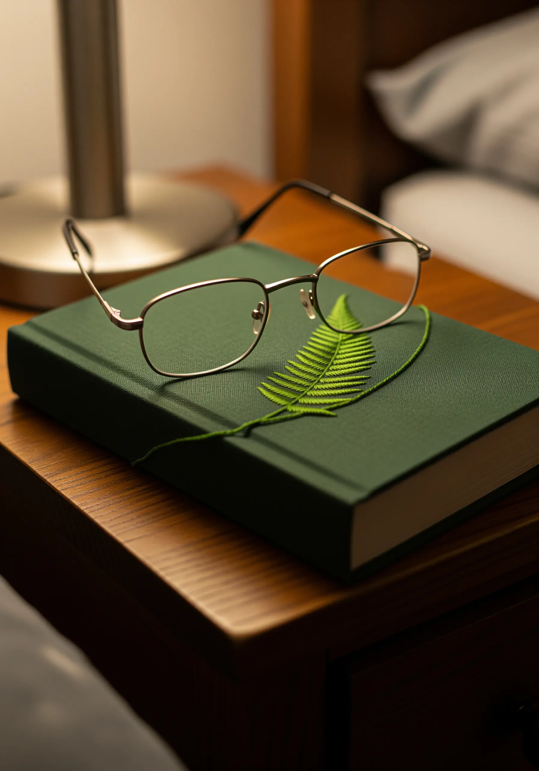 Green fabric-covered book on a nightstand with a realistic fern leaf embroidered on the cover