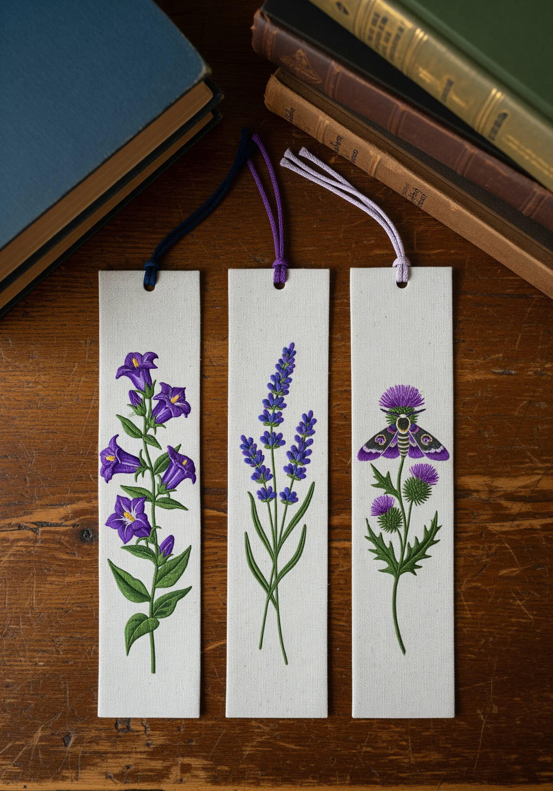 Three embroidered bookmarks with bellflowers, lavender, and a thistle with a moth.