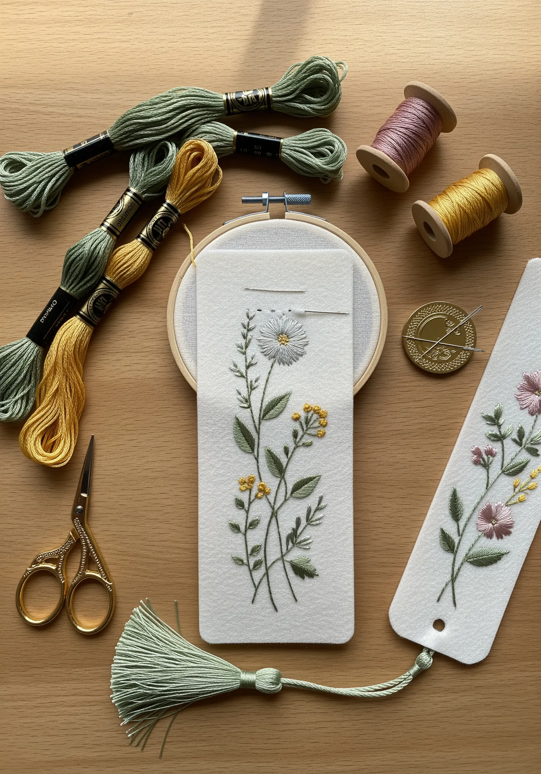 Hand-embroidered wildflower bookmark on white felt with green and yellow threads.