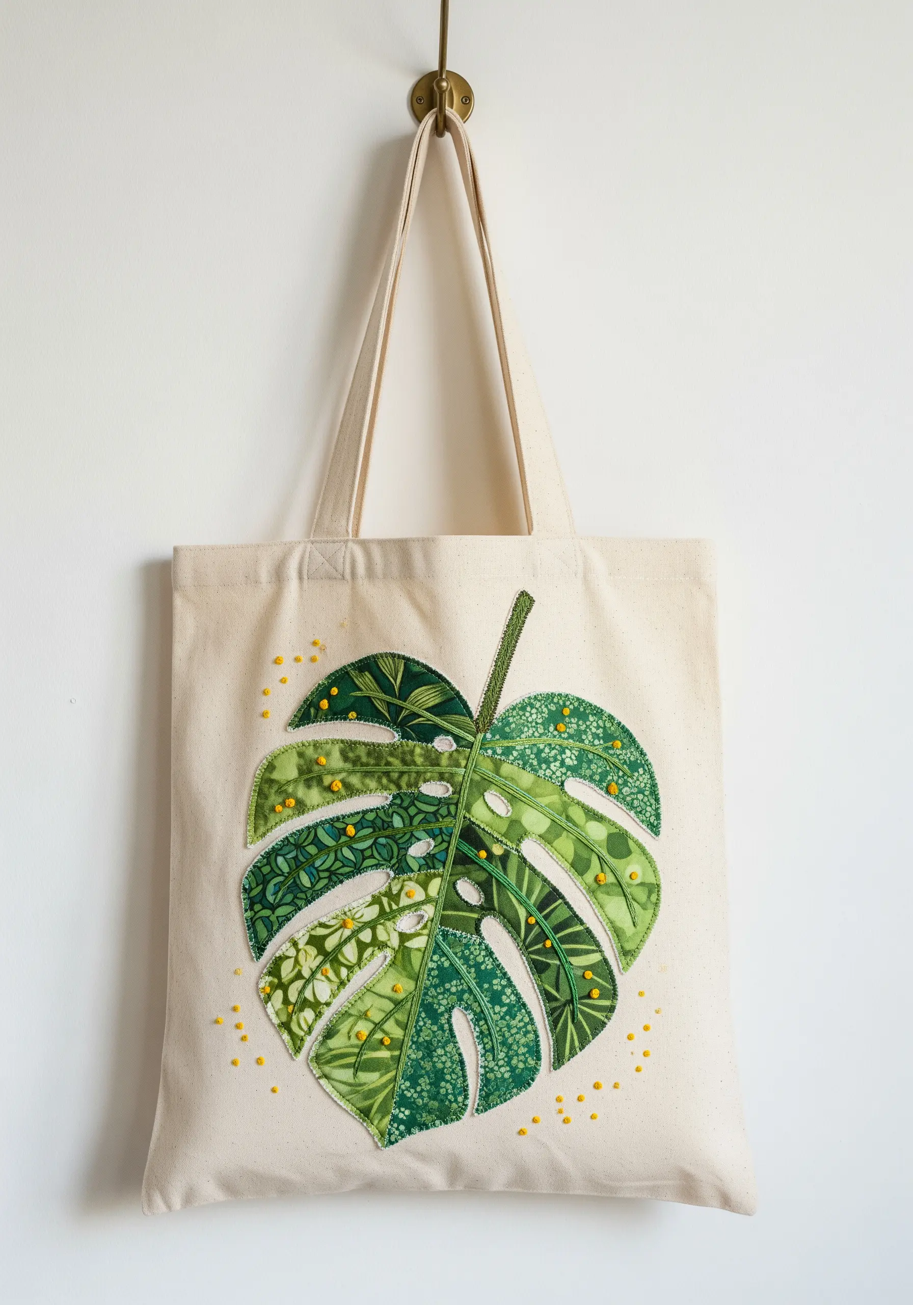 Monstera leaf appliqué tote bag made from green patterned fabric scraps with yellow French knots.