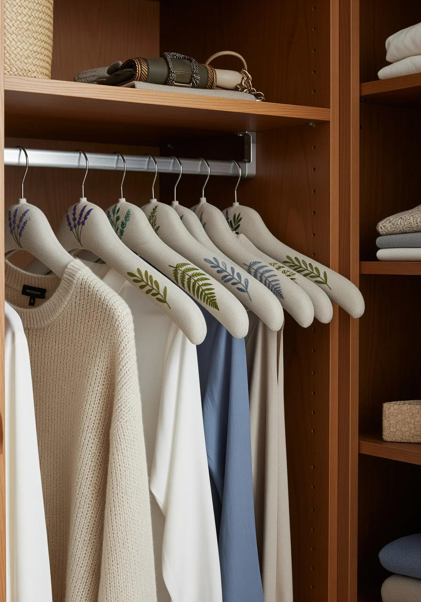 Padded clothes hangers embroidered with various green and blue botanical leaf designs.
