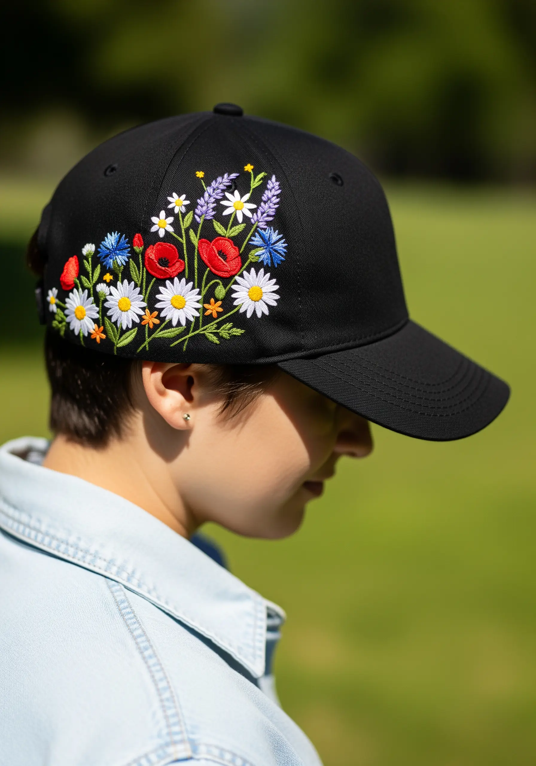Black baseball cap with a colorful spray of embroidered wildflowers on the side.
