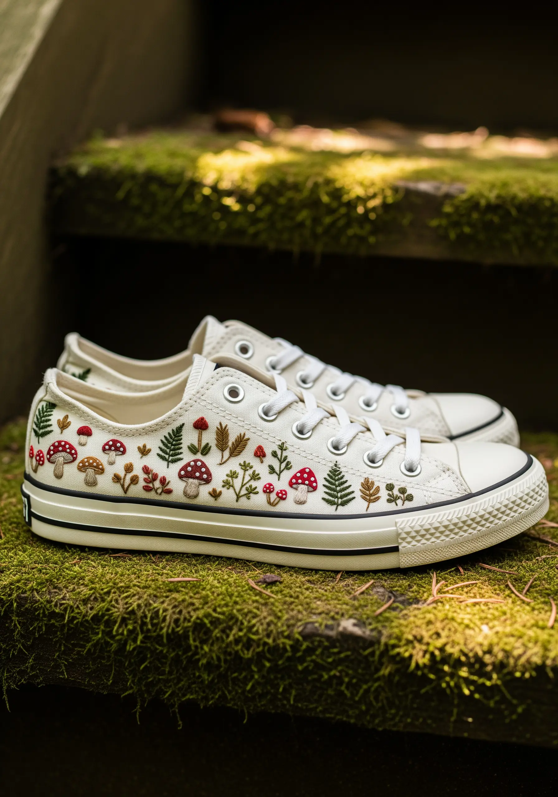 Off-white canvas sneakers with hand-embroidered mushrooms, ferns, and other botanicals.