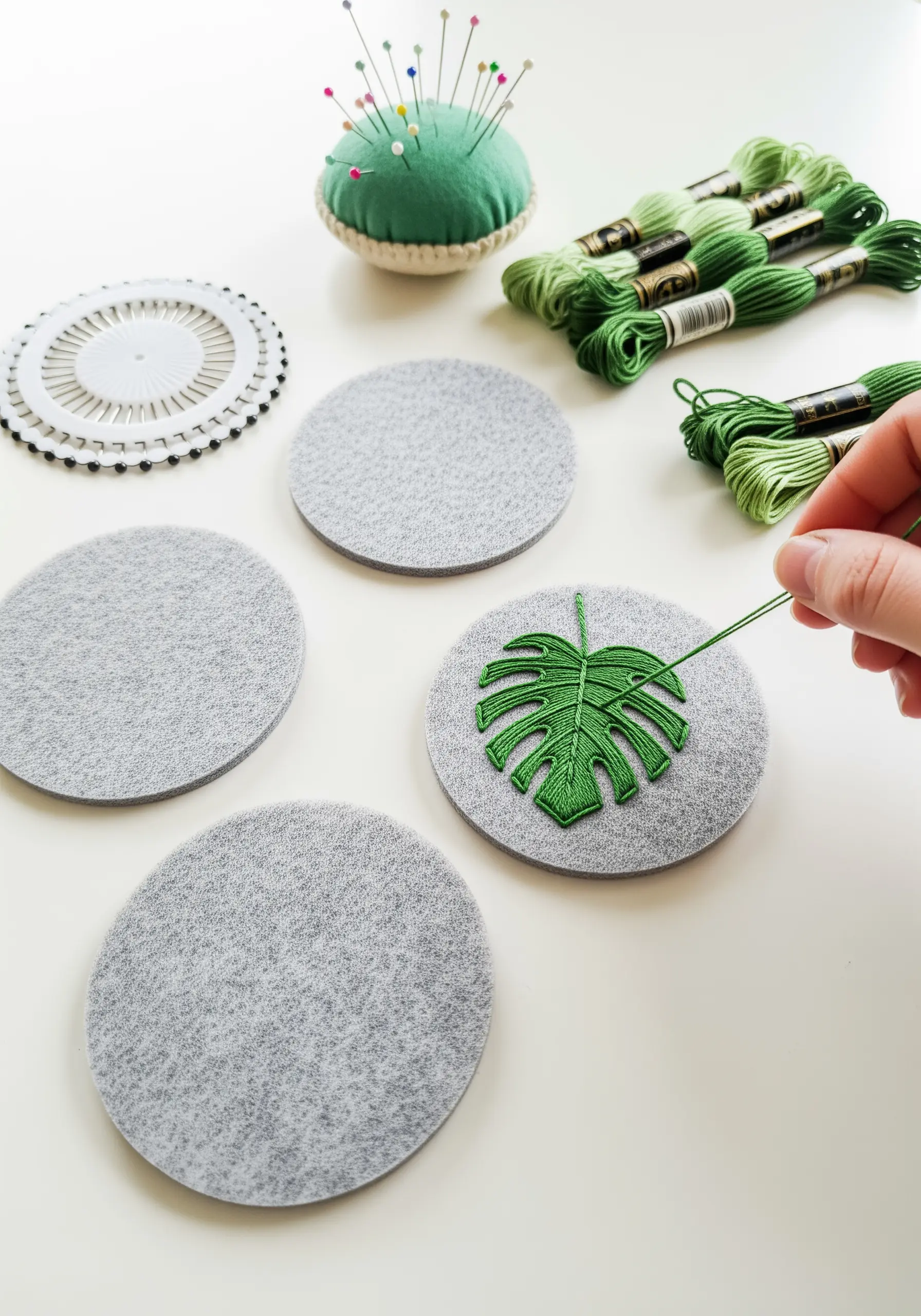 Satin-stitched Monstera leaf in green thread on a round grey felt coaster.