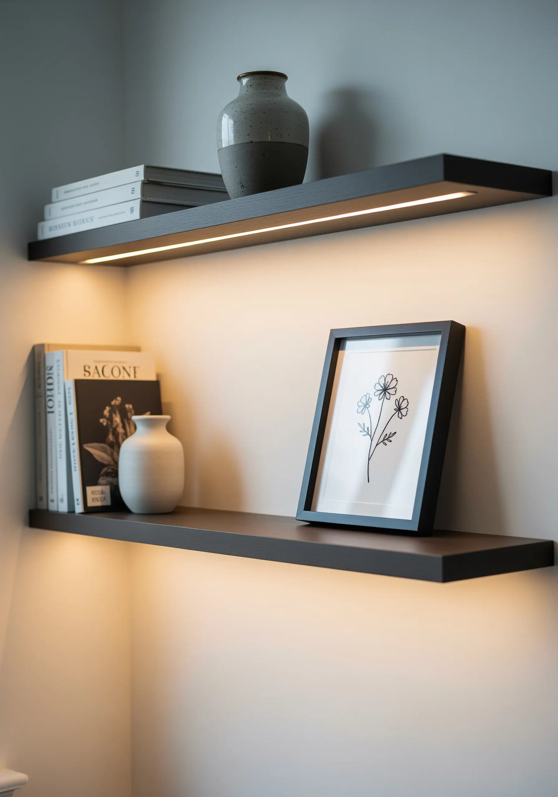 Minimalist floral line art embroidered in black thread, displayed in a simple black frame.