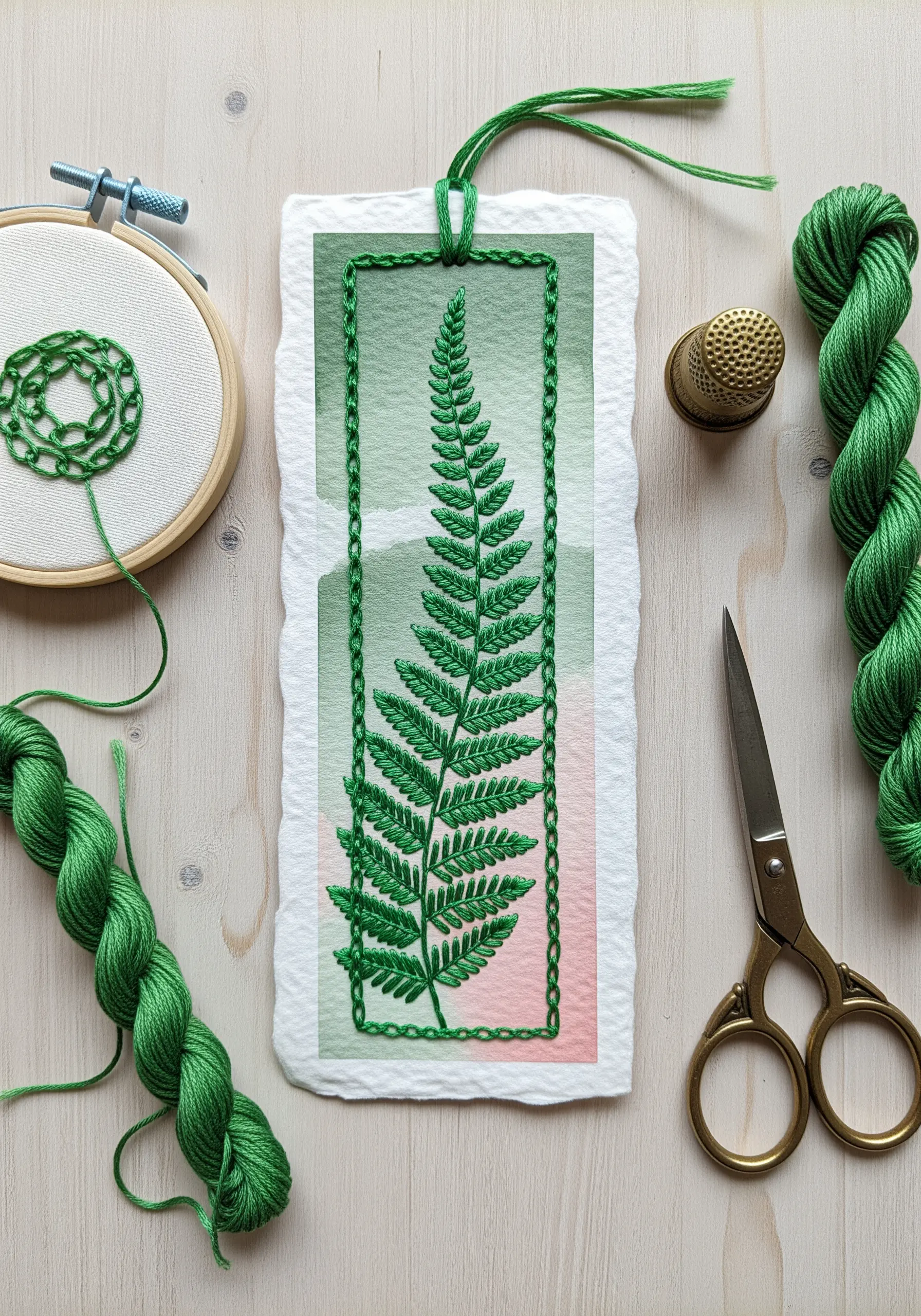 Embroidered fern on a watercolor-painted paper bookmark with a green chain stitch border.