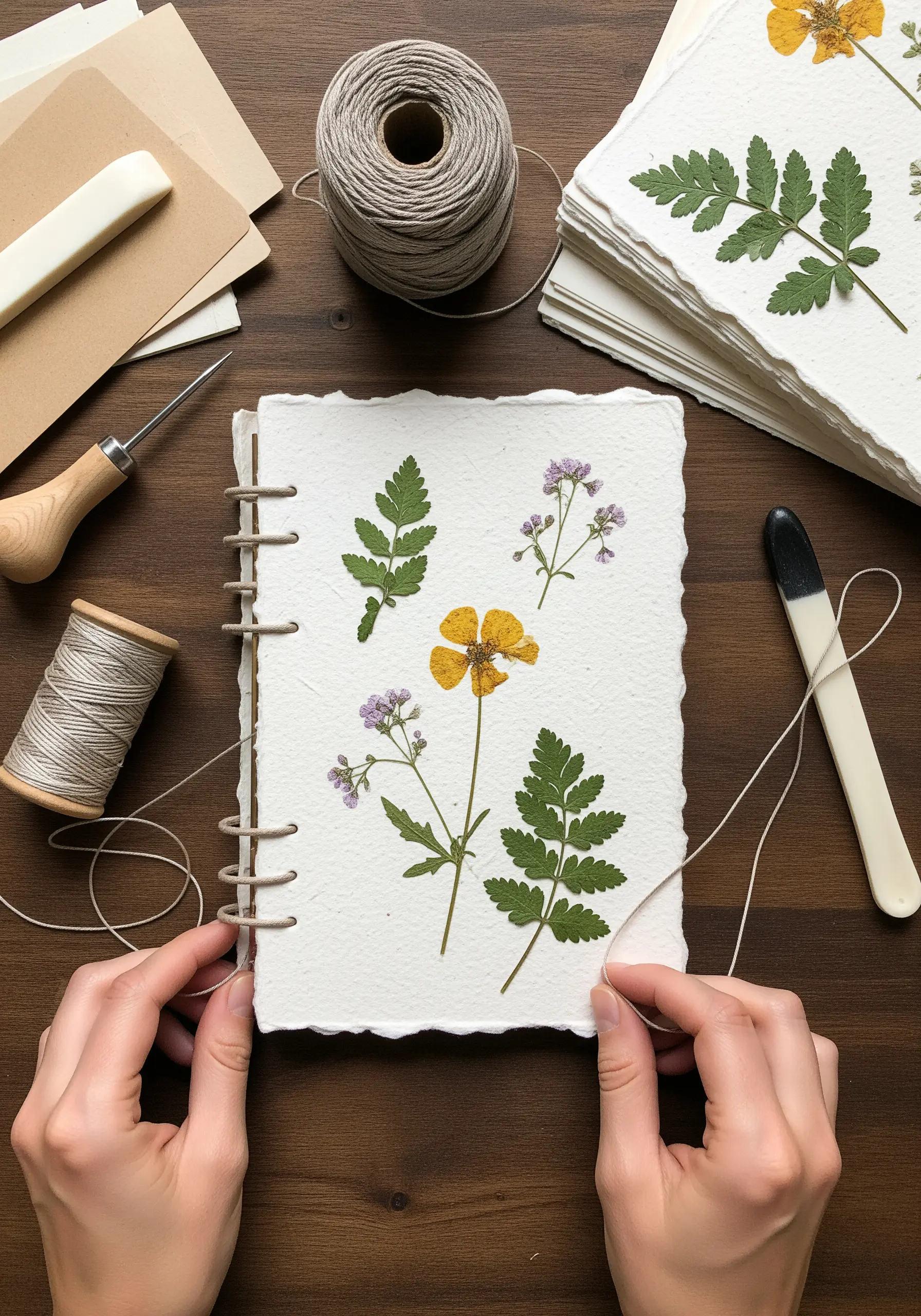 A handmade journal with pressed flowers and leaves secured to the cover with binding stitches.
