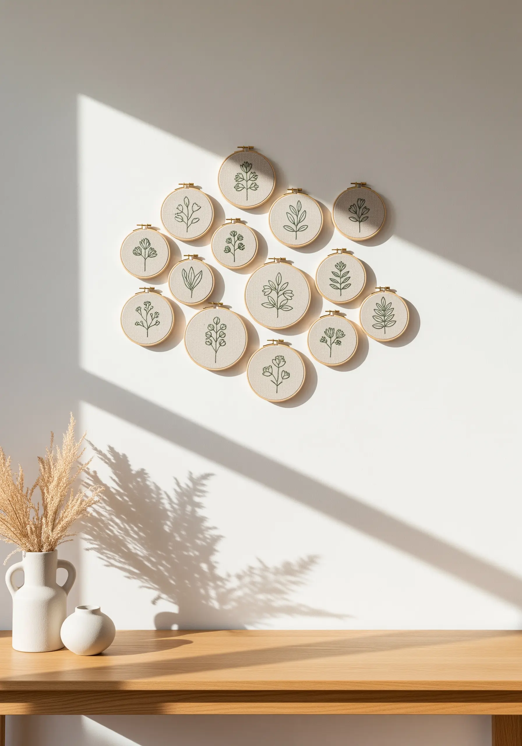 Minimalist green botanical line art embroidery on neutral linen hoops