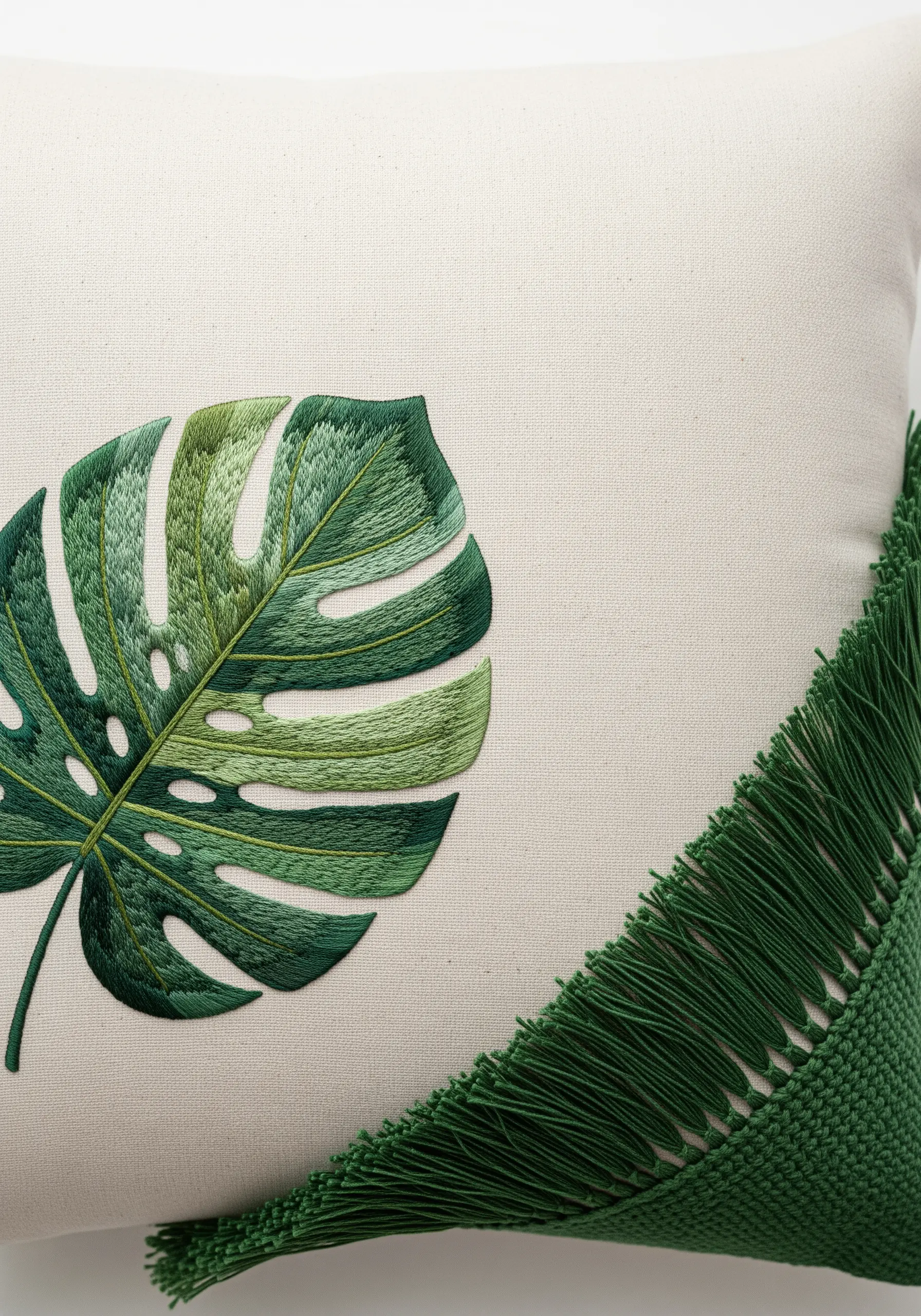 Detailed embroidery of a monstera leaf with color gradients and a green fringe.