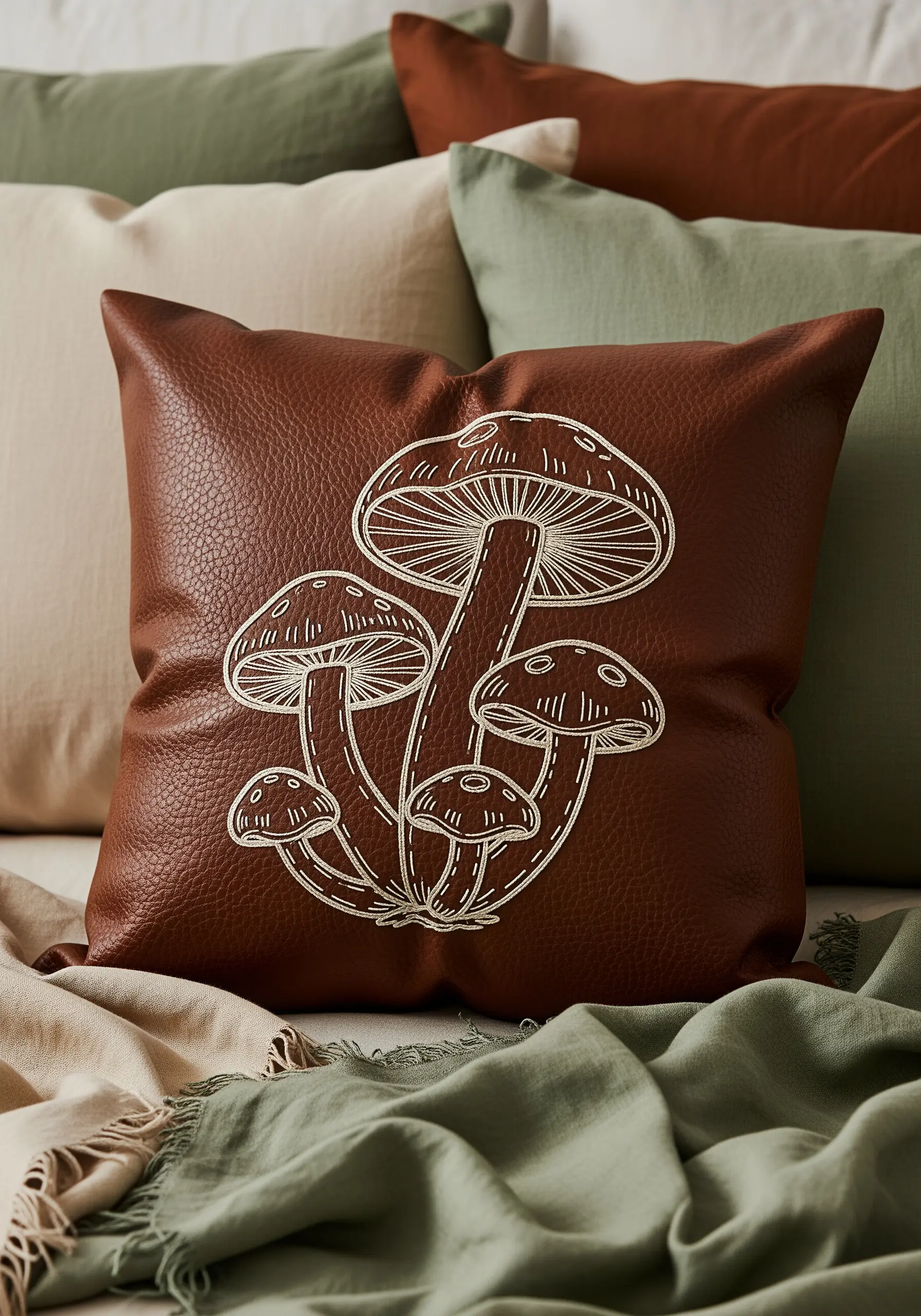Cream mushroom outline embroidery on brown leather pillow