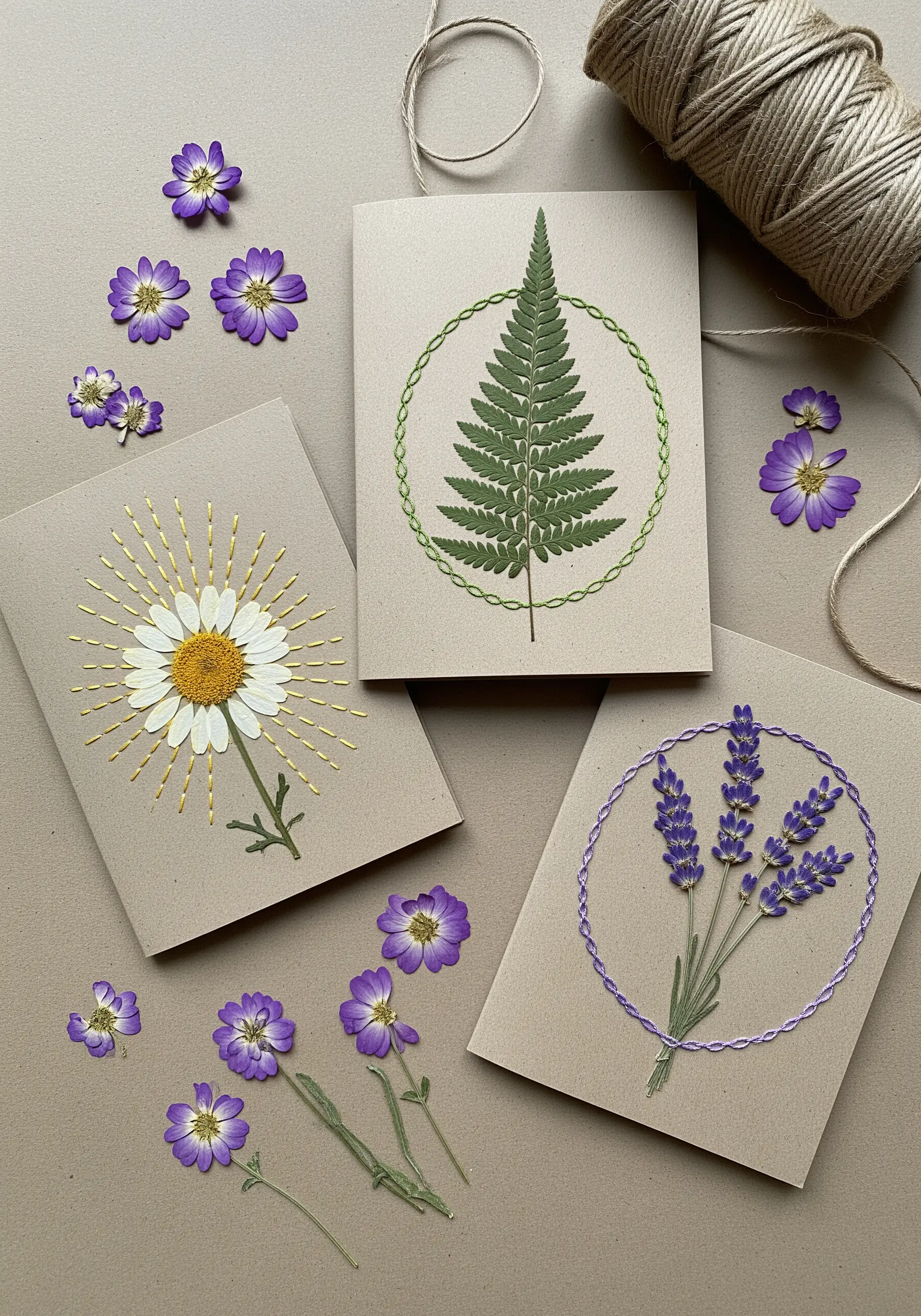 Handmade cards featuring pressed flowers and leaves accented with simple, elegant embroidery stitches.