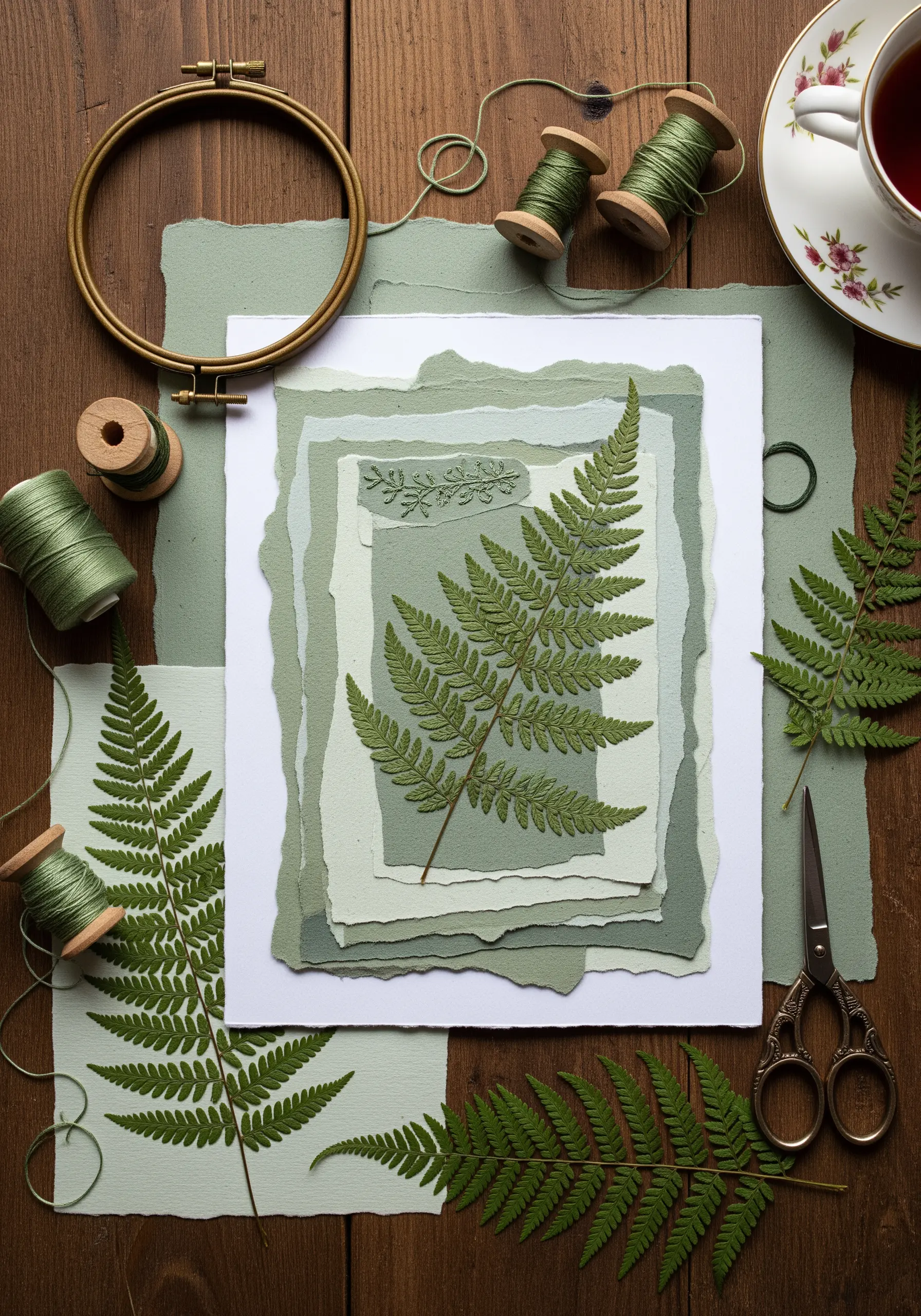 Pressed fern on layered green paper with subtle embroidery stitching along the stem.
