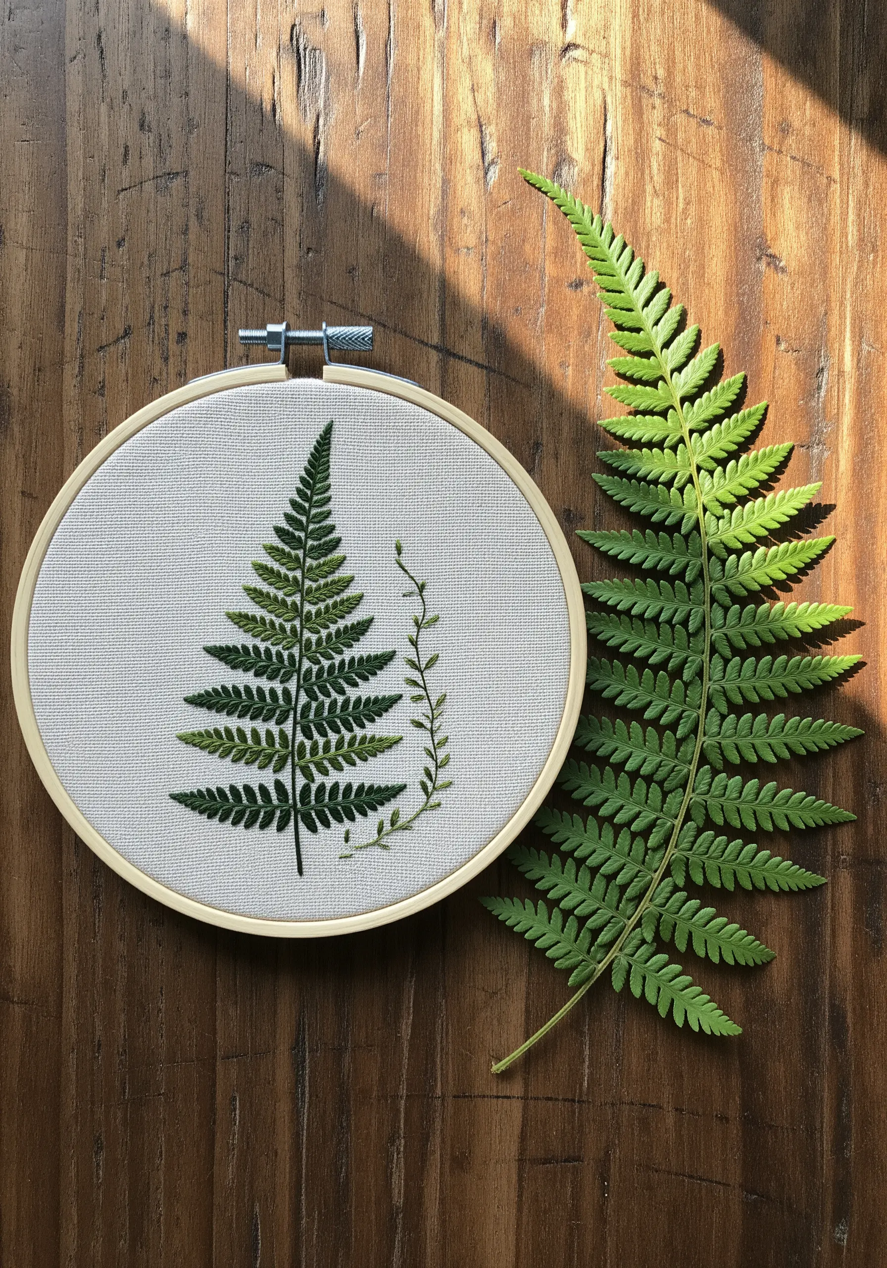 Embroidered fern with delicate fishbone stitch and color gradients next to a real fern frond.