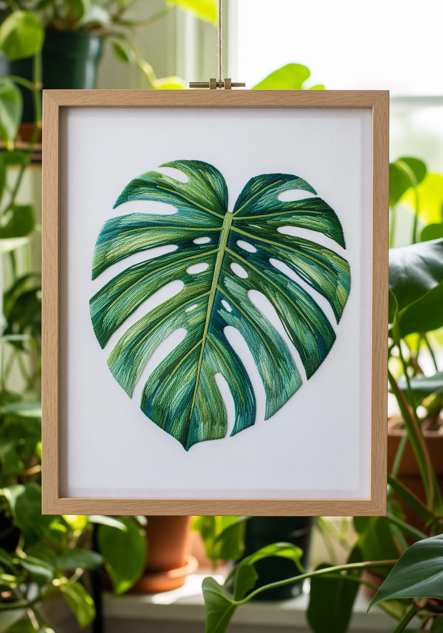 A realistic, thread-painted embroidery of a green monstera leaf in a wooden frame.