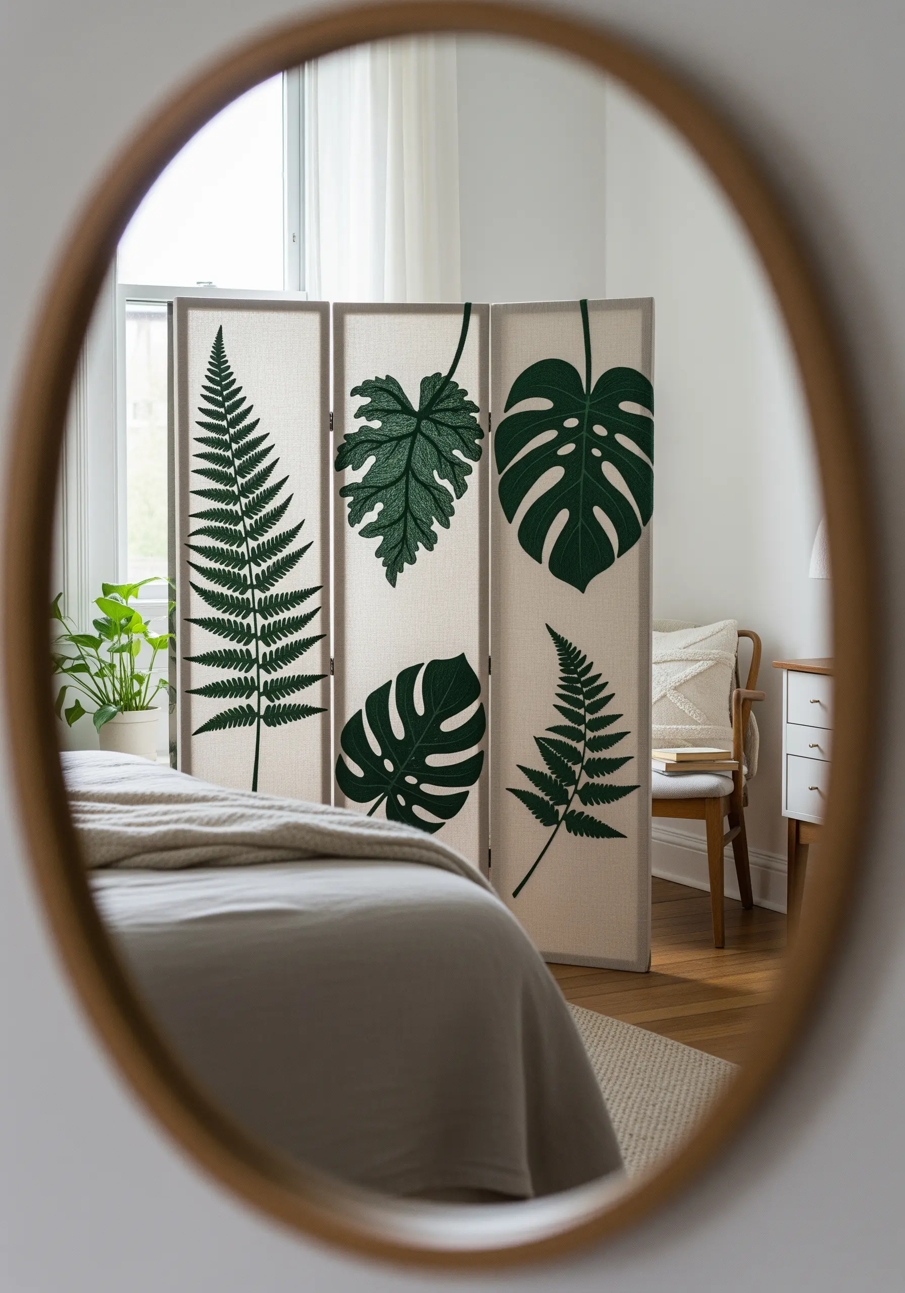 A three-panel linen room divider with large, dark green embroidered botanical leaves.