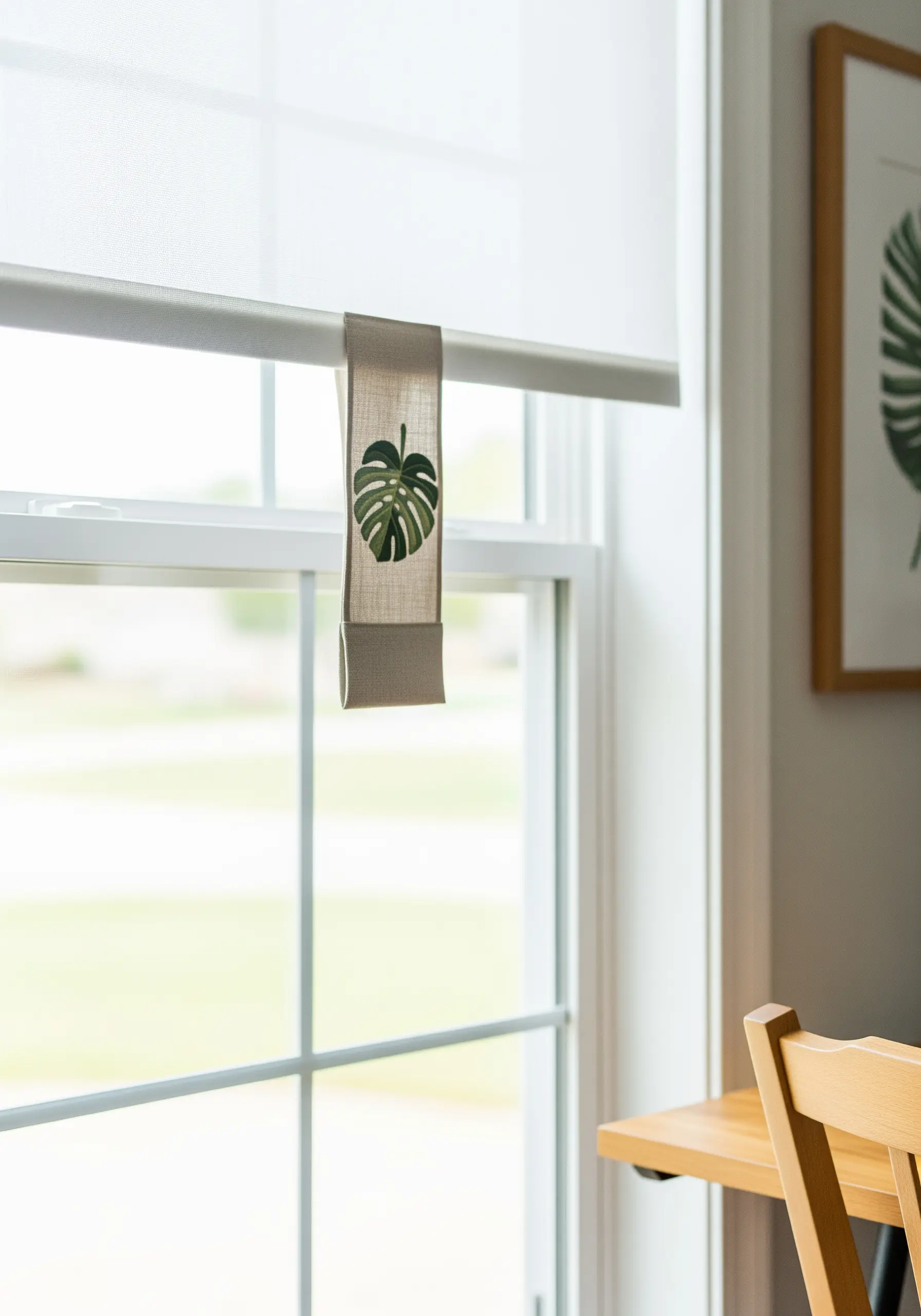A monstera leaf created with negative space embroidery on a linen window strap.