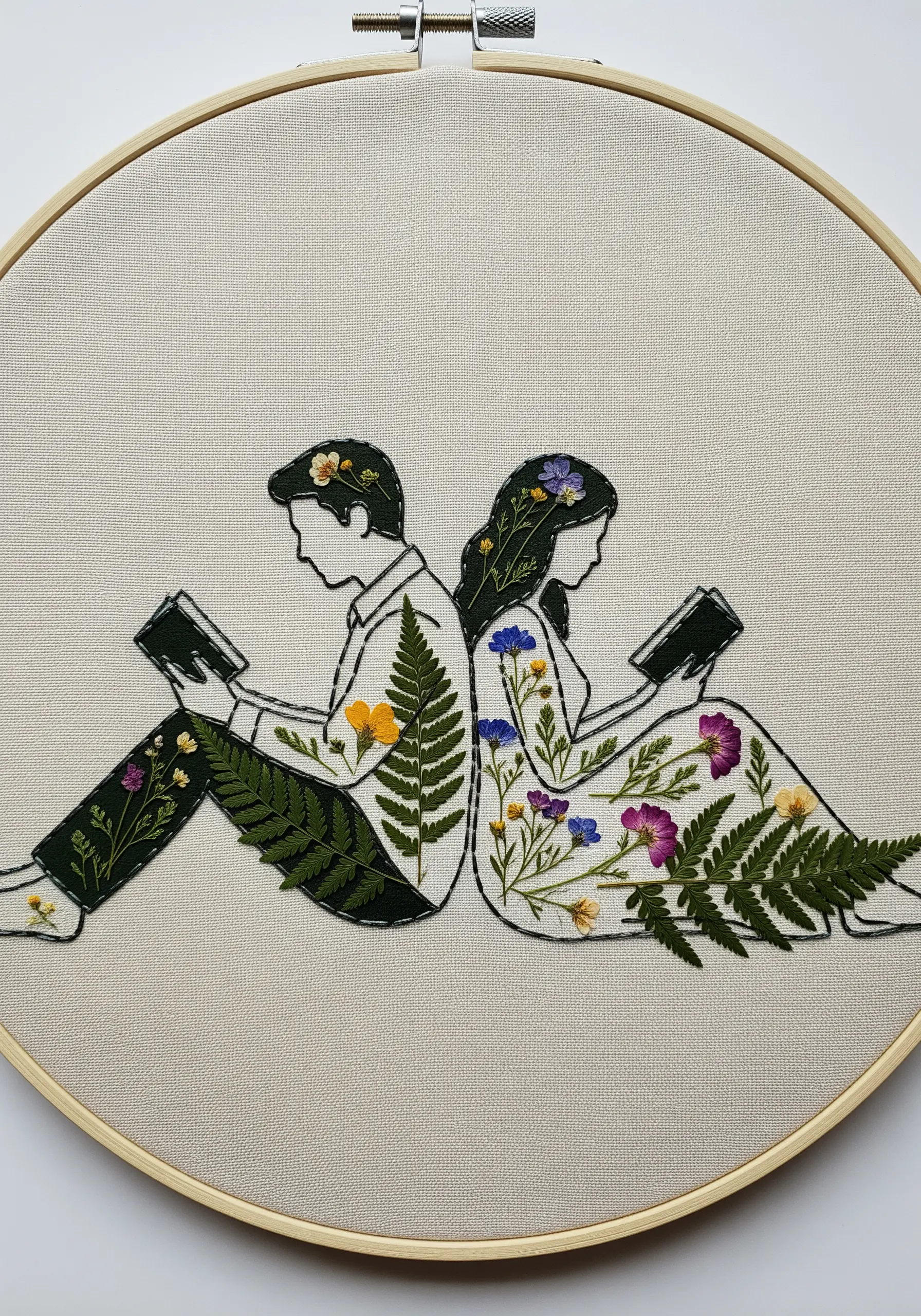Embroidered silhouettes of a couple filled with real pressed flowers and ferns on off-white fabric.