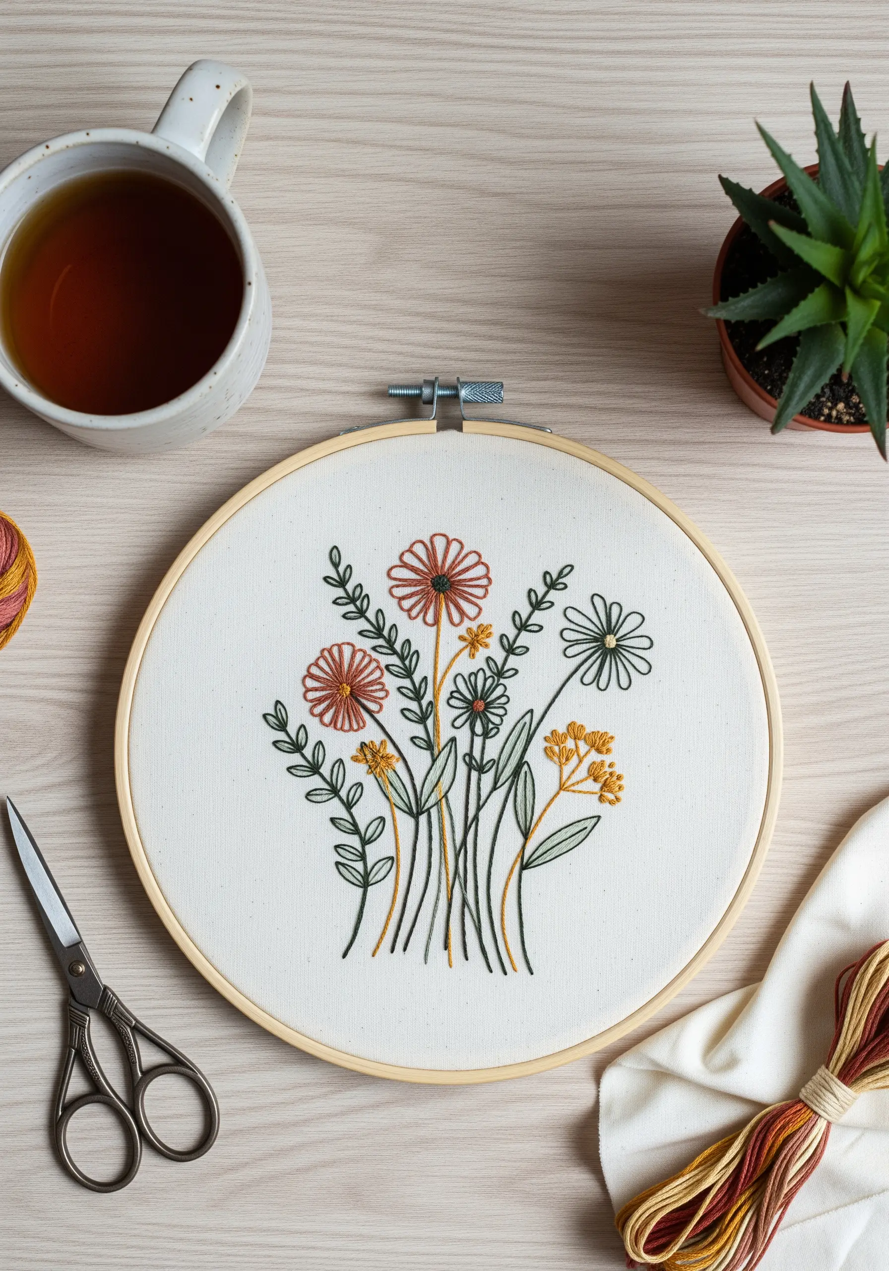 Hoop art with line-art florals in muted red, yellow, and green threads.
