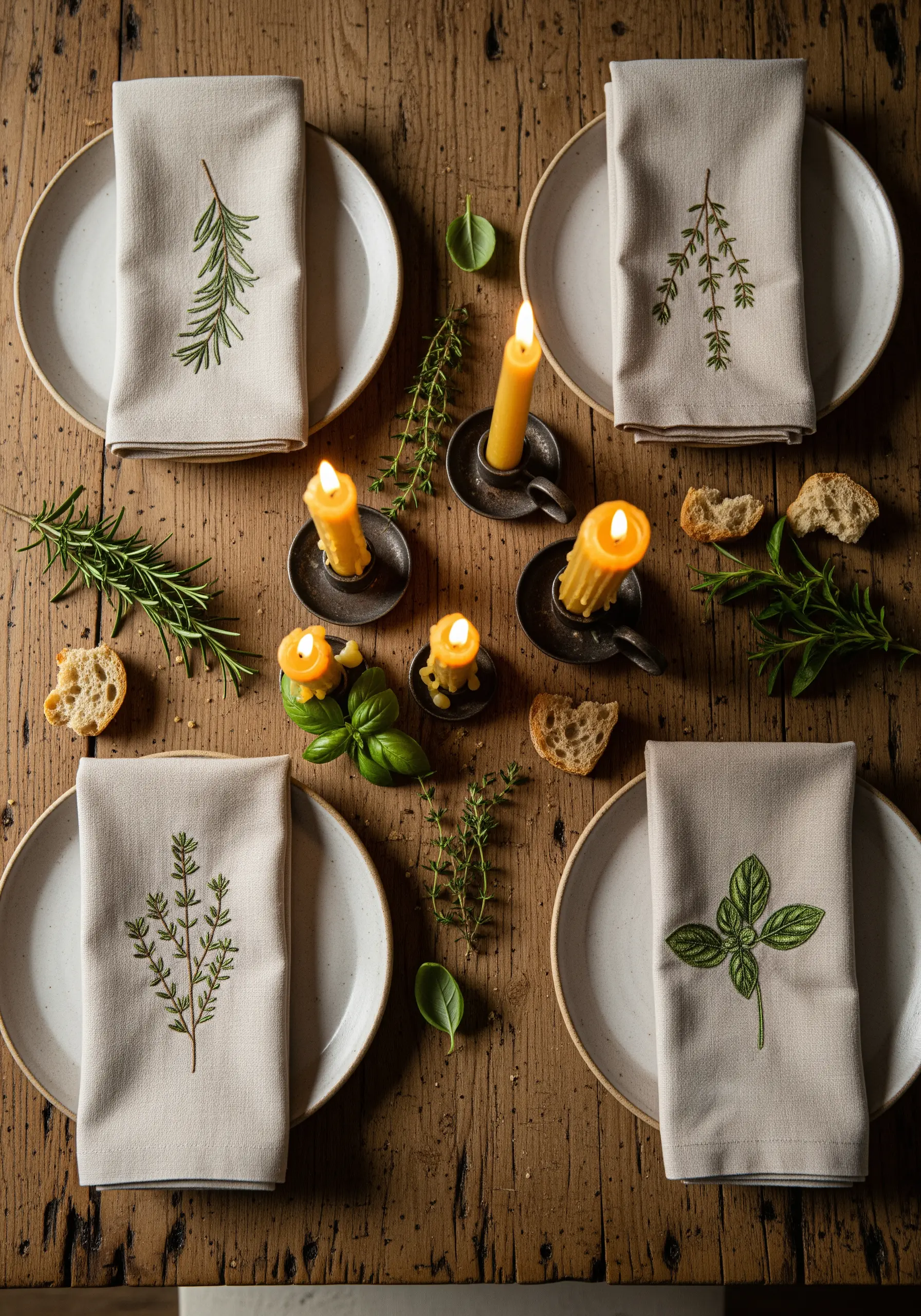 Linen napkins with detailed single-strand green herb embroidery