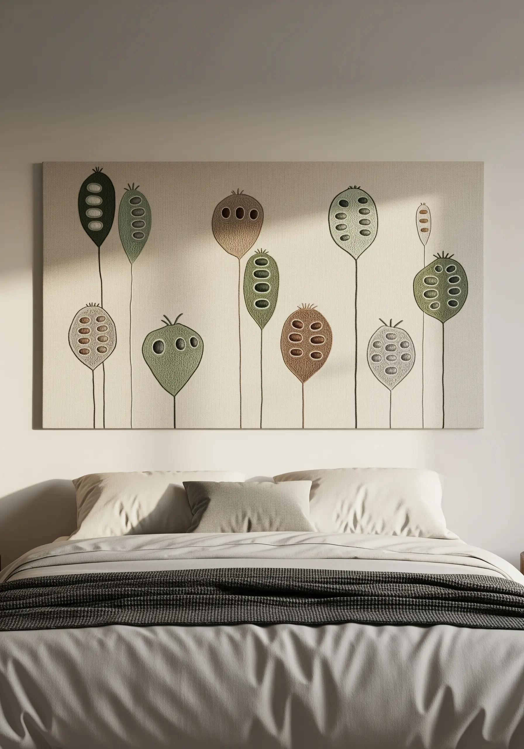 Embroidered seed pods in muted greens and browns with satin stitch fills and line details.