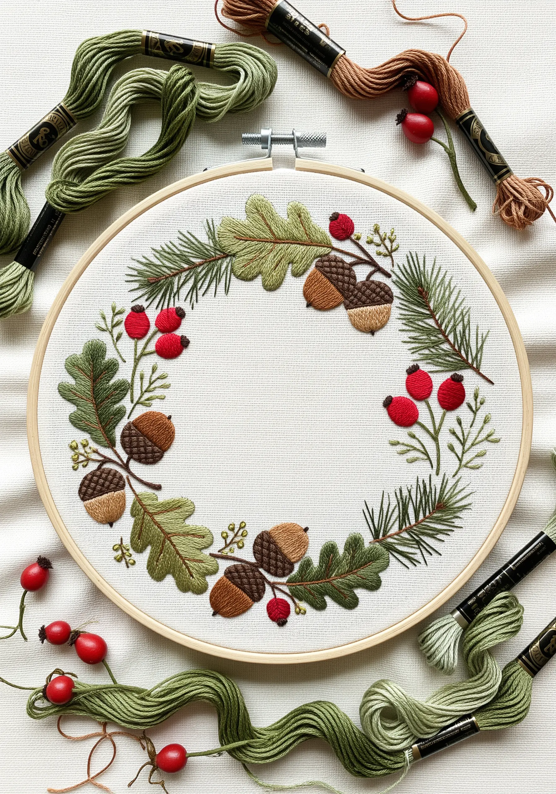 Circular wreath embroidery featuring acorns, pine branches, and berries