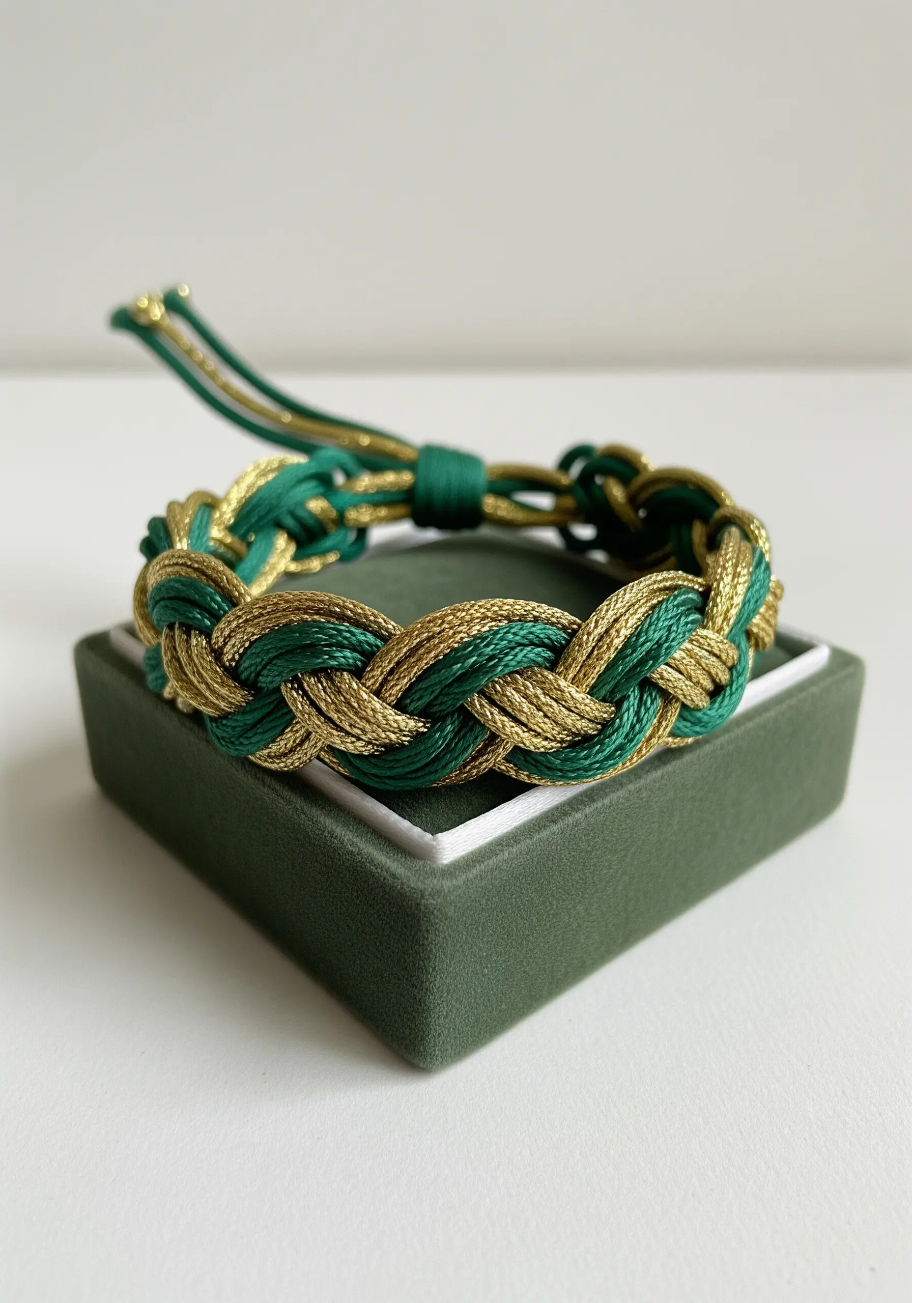 A tightly braided bracelet in emerald green and metallic gold, resting on a green gift box.