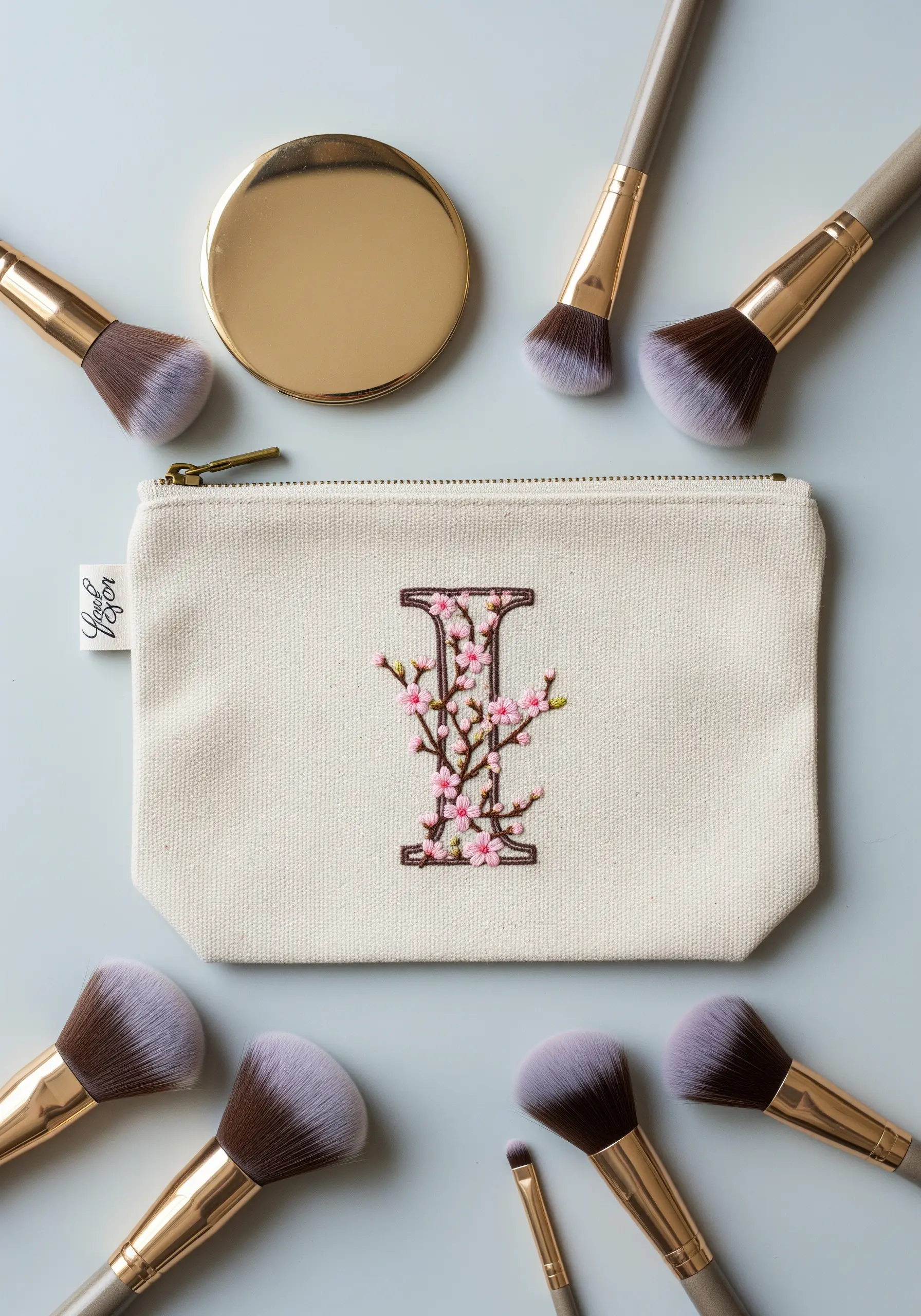 Canvas pouch with letter I designed as a cherry blossom branch