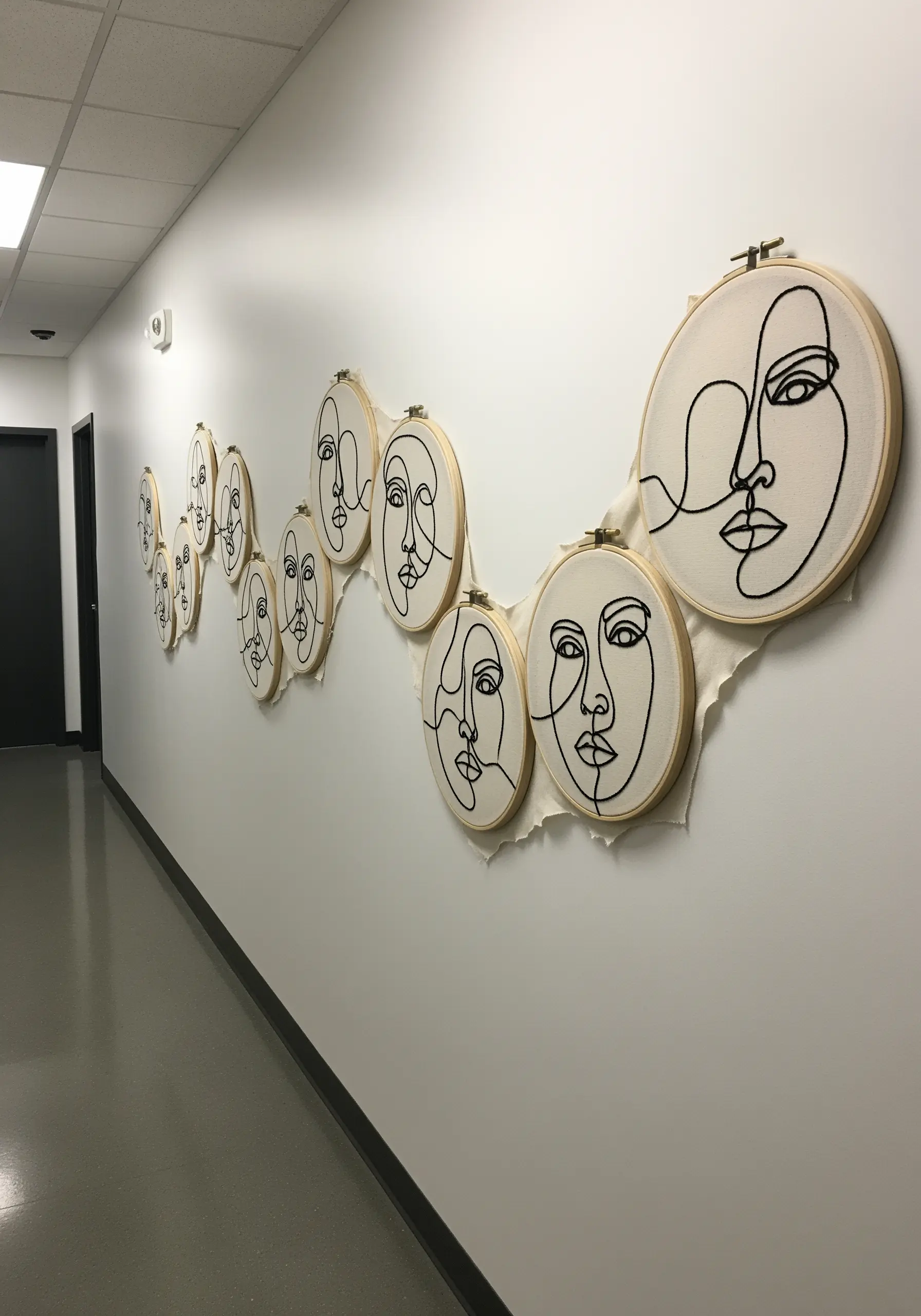 A long wall installation of multiple embroidery hoops featuring continuous line art faces.