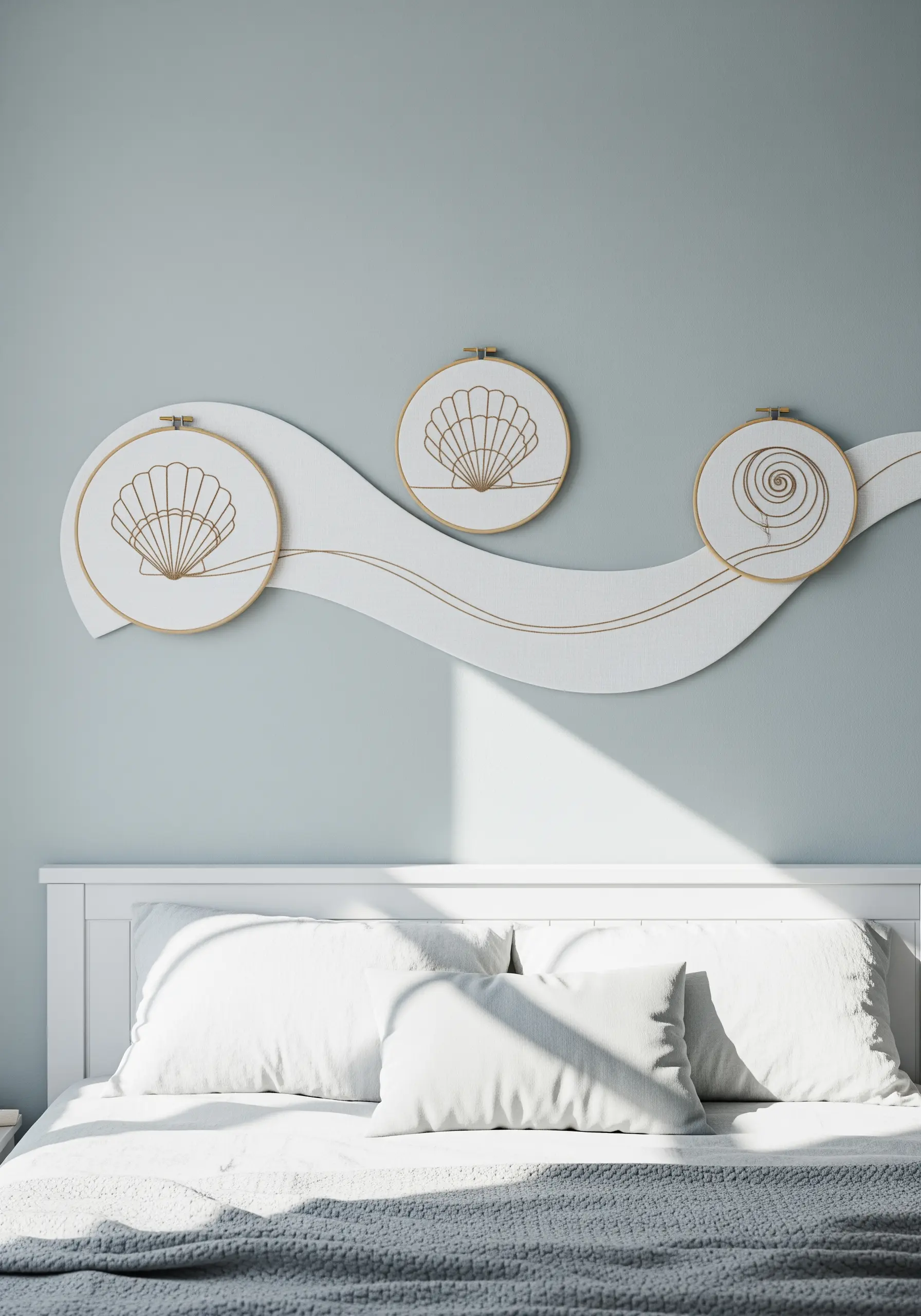 Three embroidery hoops with seashell designs integrated into a single wave-shaped white panel.