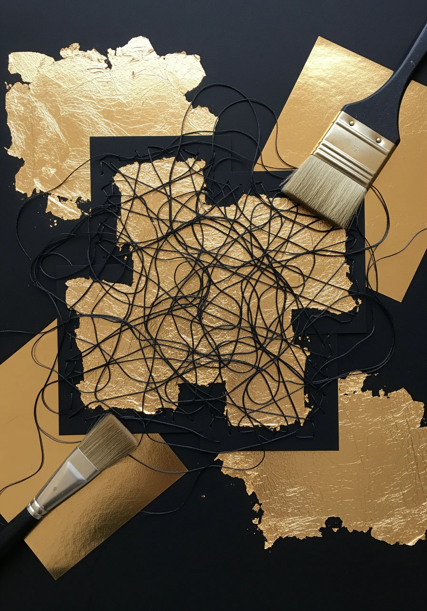 Black tangled thread stitched over gold leaf background