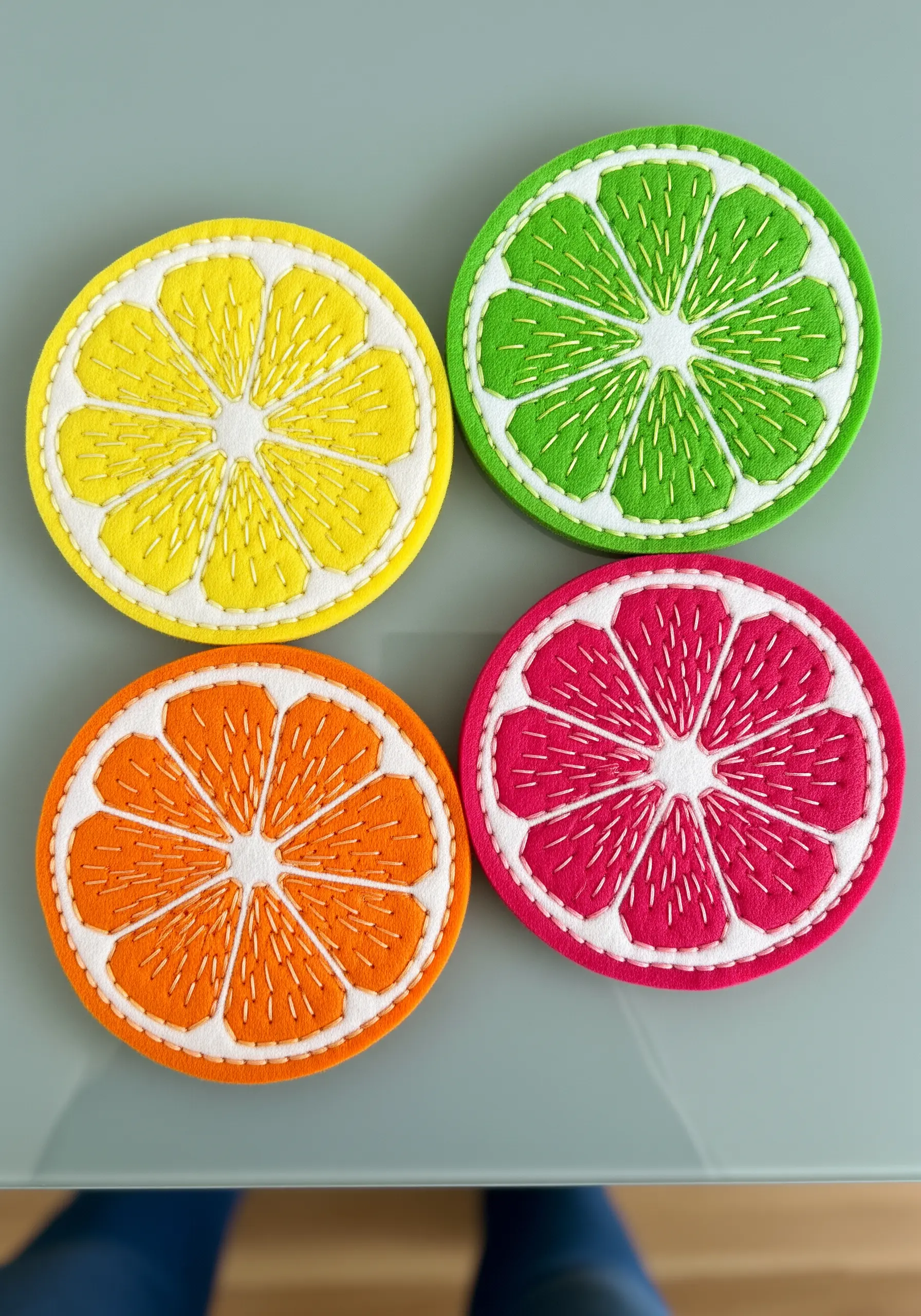 A set of four brightly colored, embroidered felt coasters shaped like citrus slices.