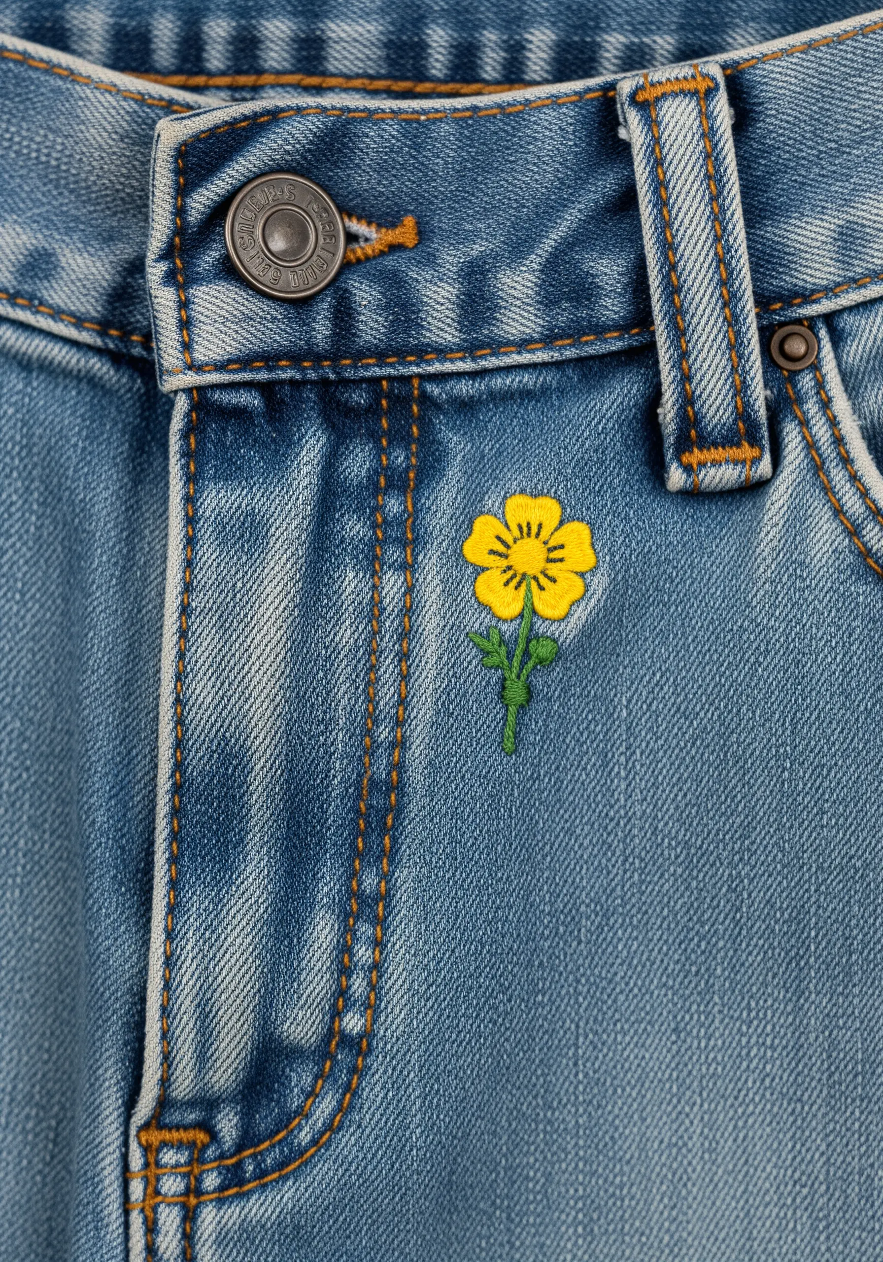 A small yellow buttercup flower embroidered next to the button fly on a pair of blue jeans.