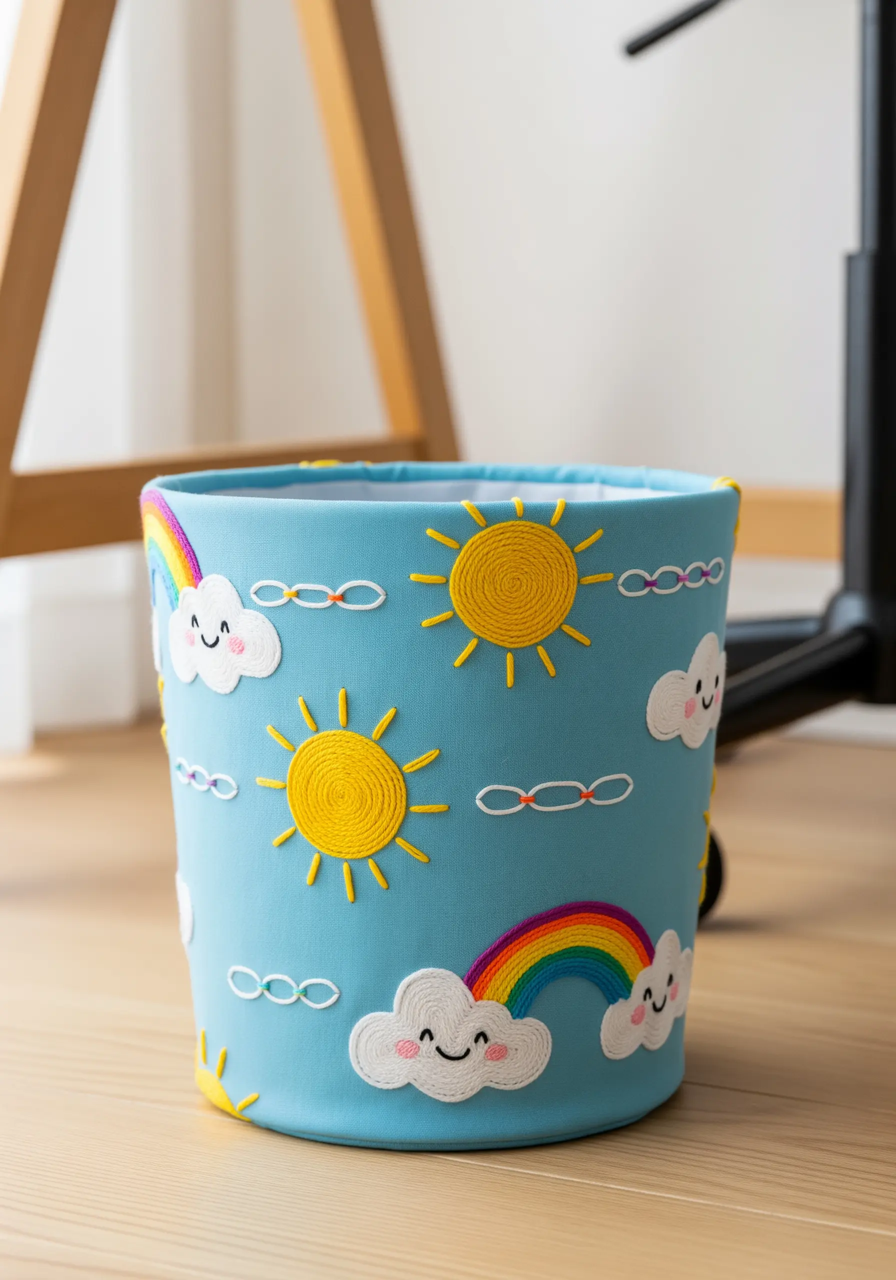 A light blue fabric bin decorated with cheerful embroidered suns, clouds, and rainbows.