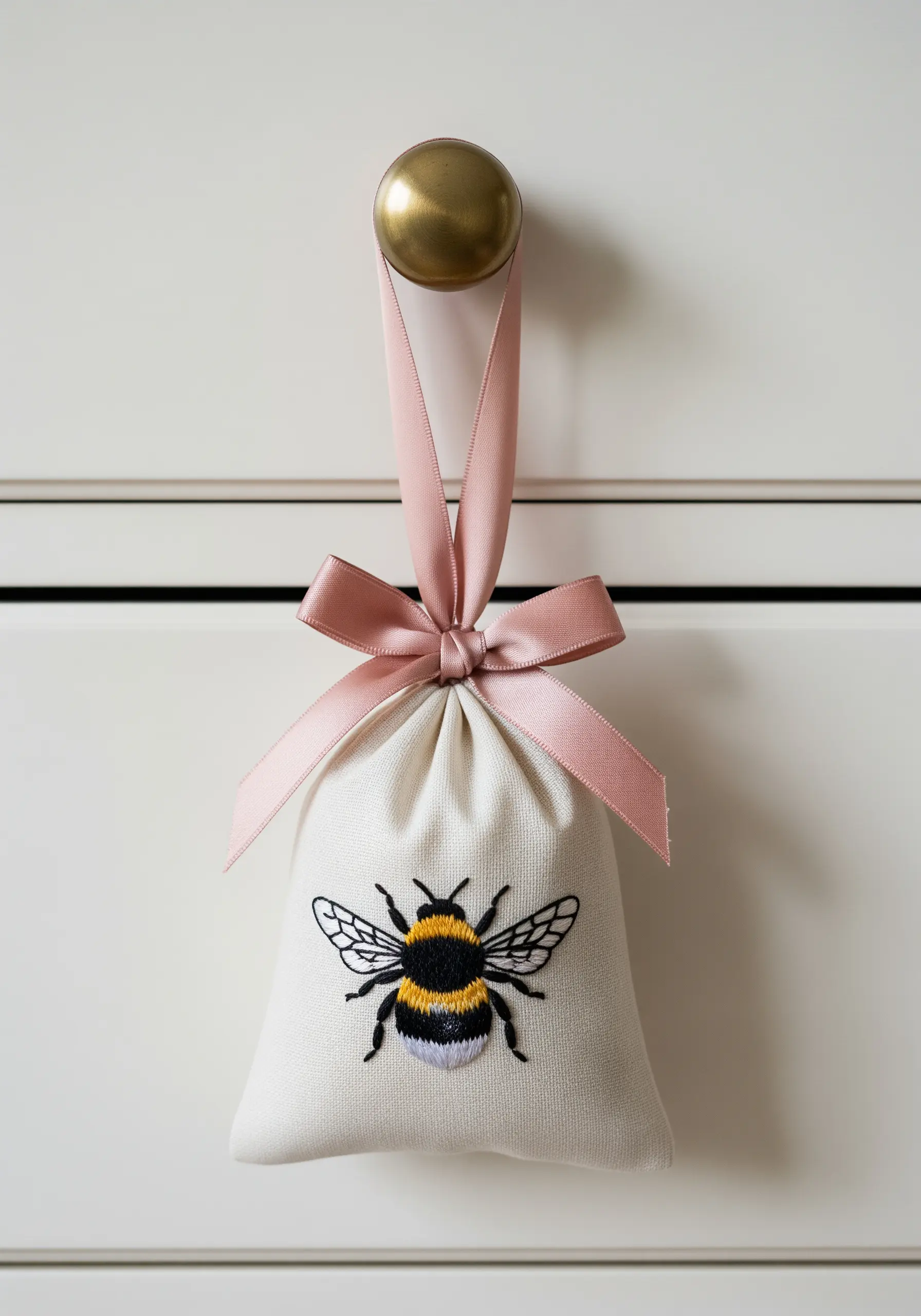 A small linen sachet bag embroidered with a realistic bumblebee and tied with a pink ribbon.