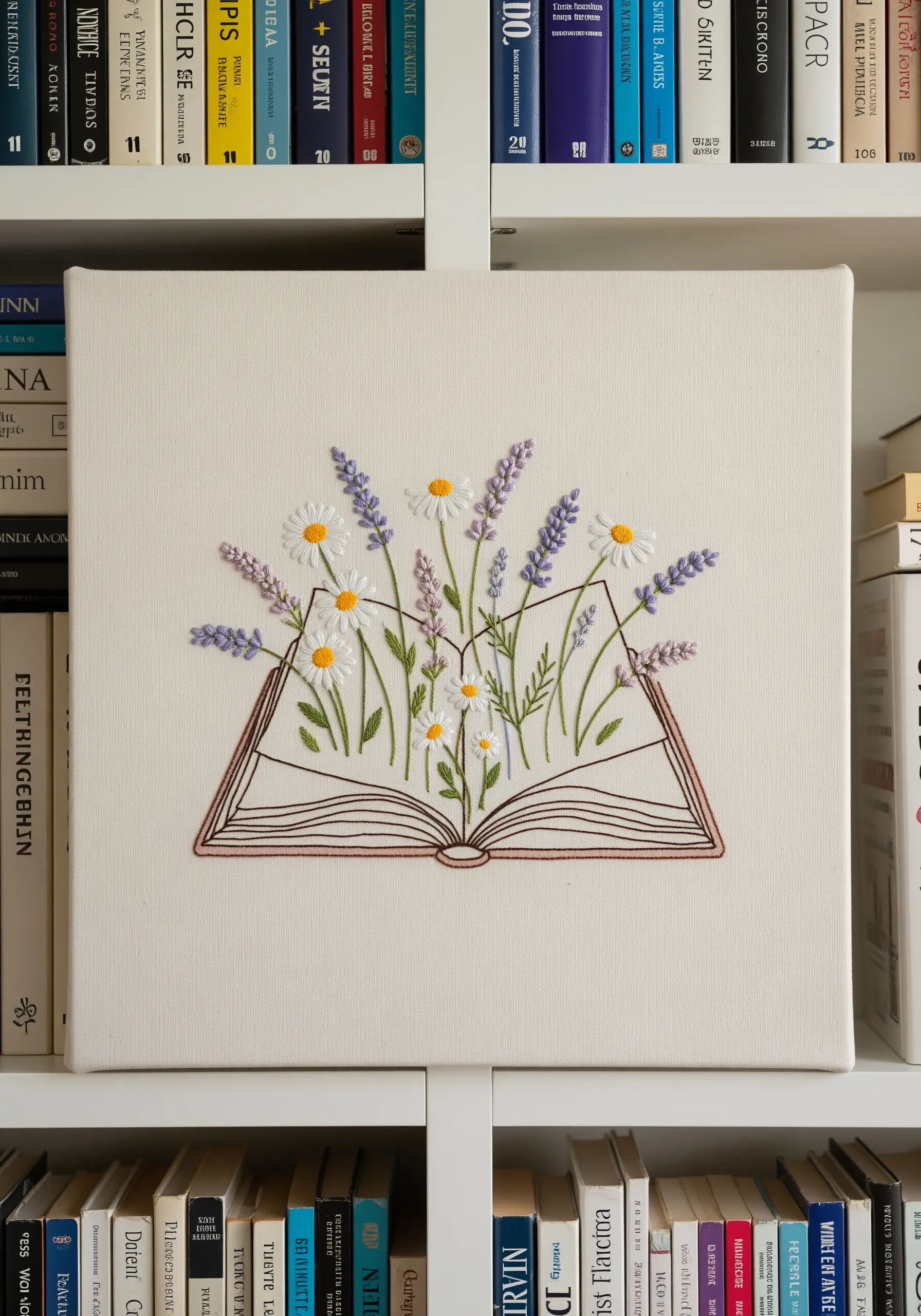 An open book embroidered on canvas, with realistic wildflowers growing from its pages.