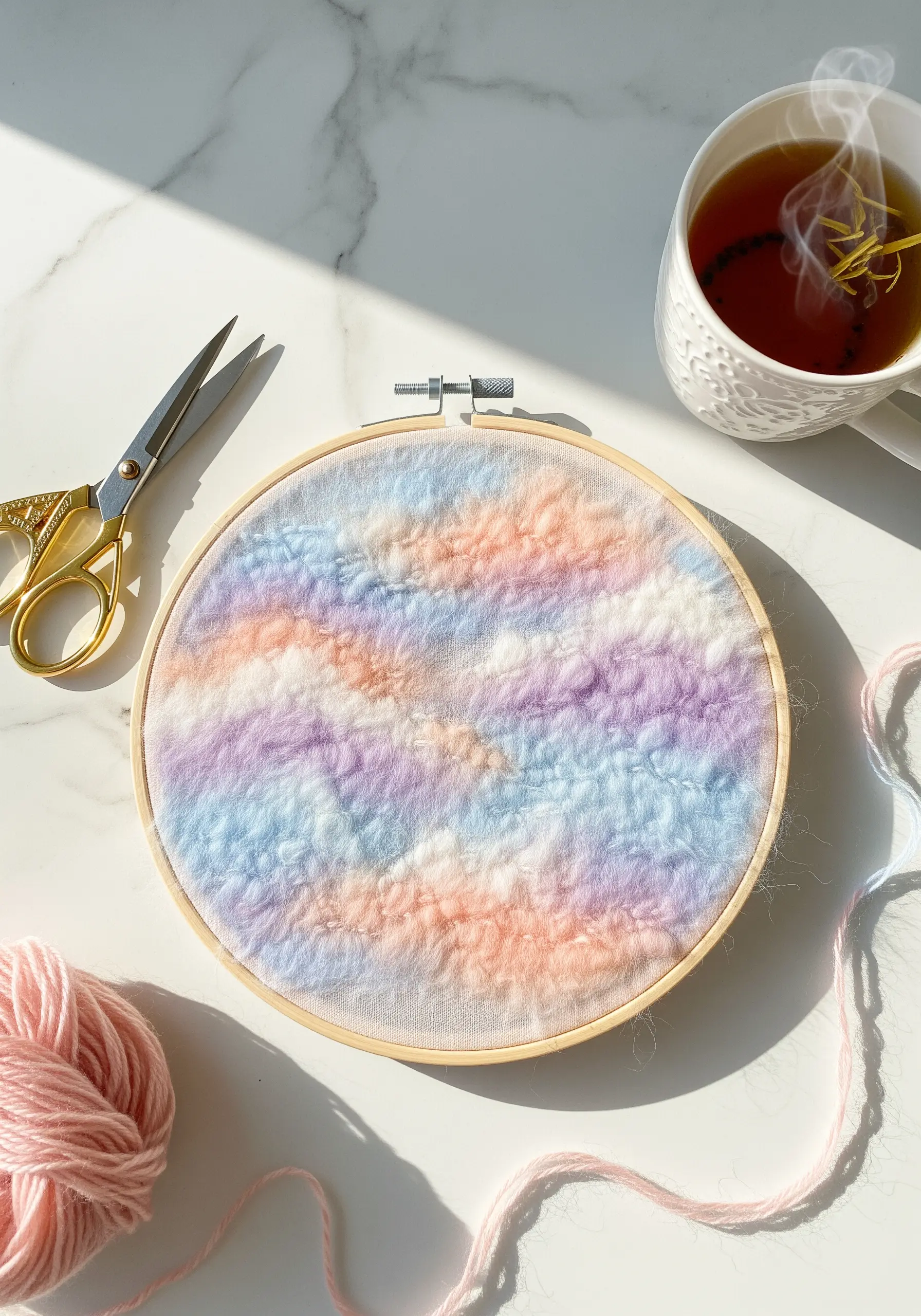 Pastel cloud embroidery texture created by brushing out wool thread