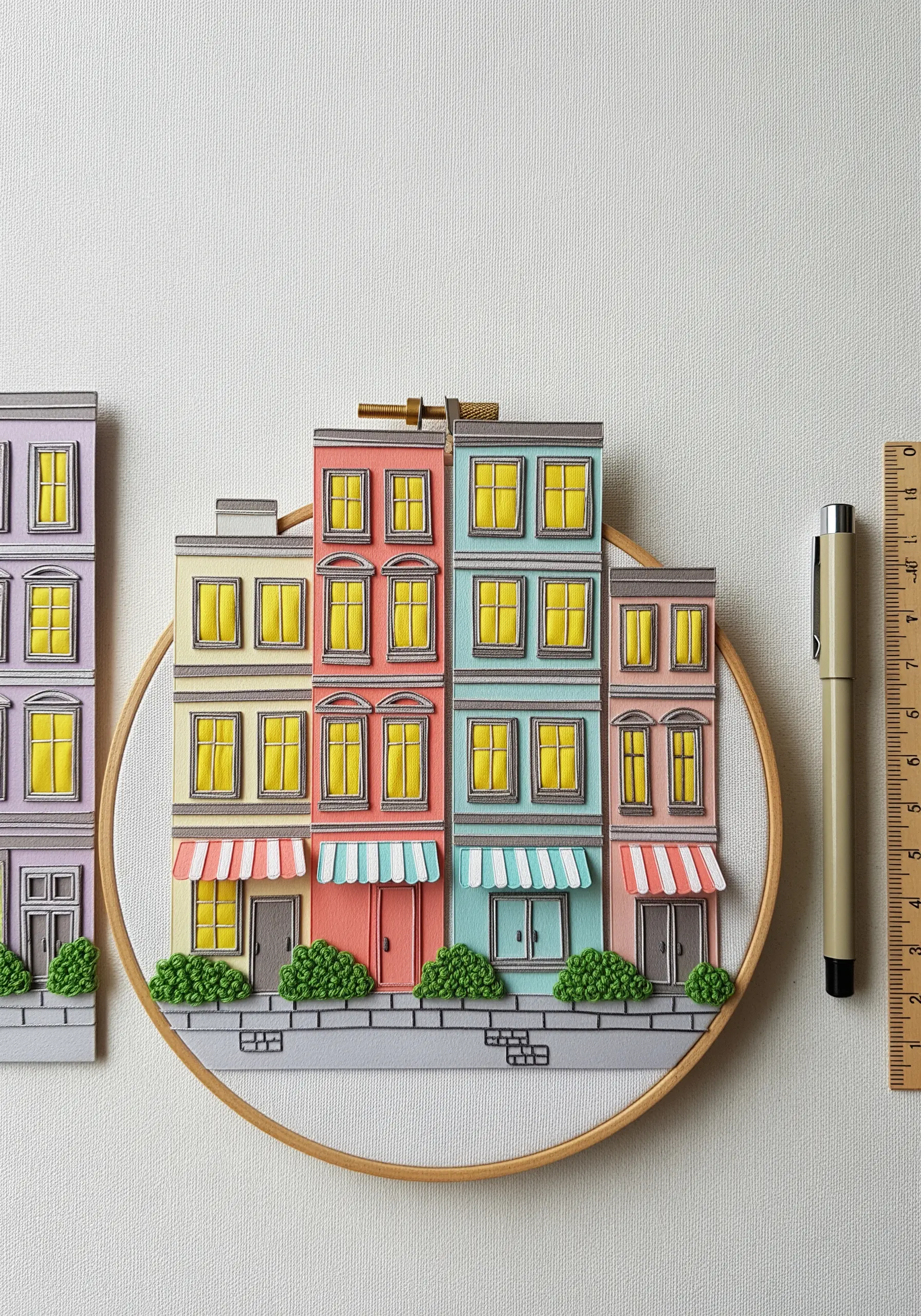Colorful 3D paper buildings in a hoop, with yellow satin-stitched windows.