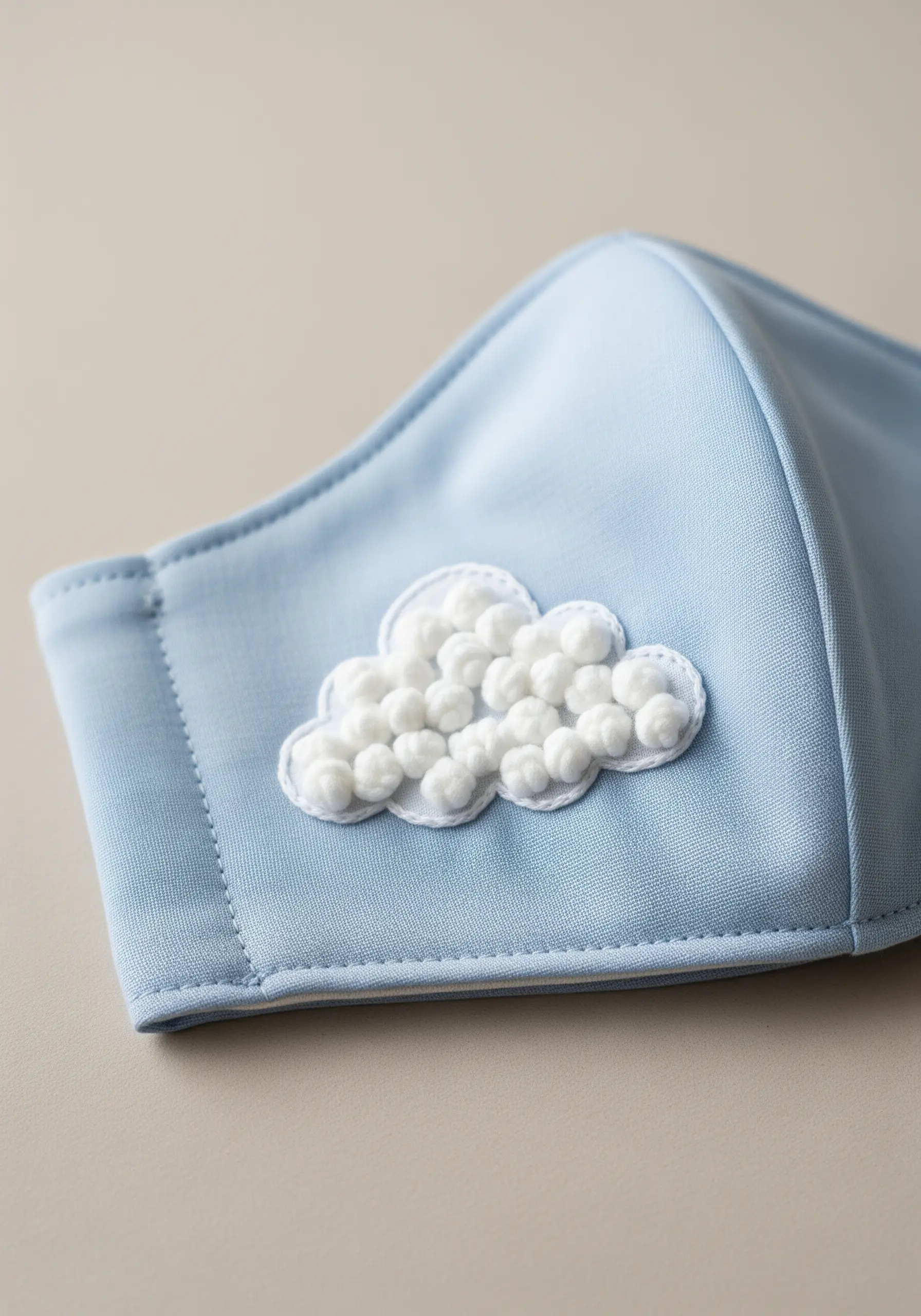 A fluffy white cloud made of dense French knots on a light blue face mask.
