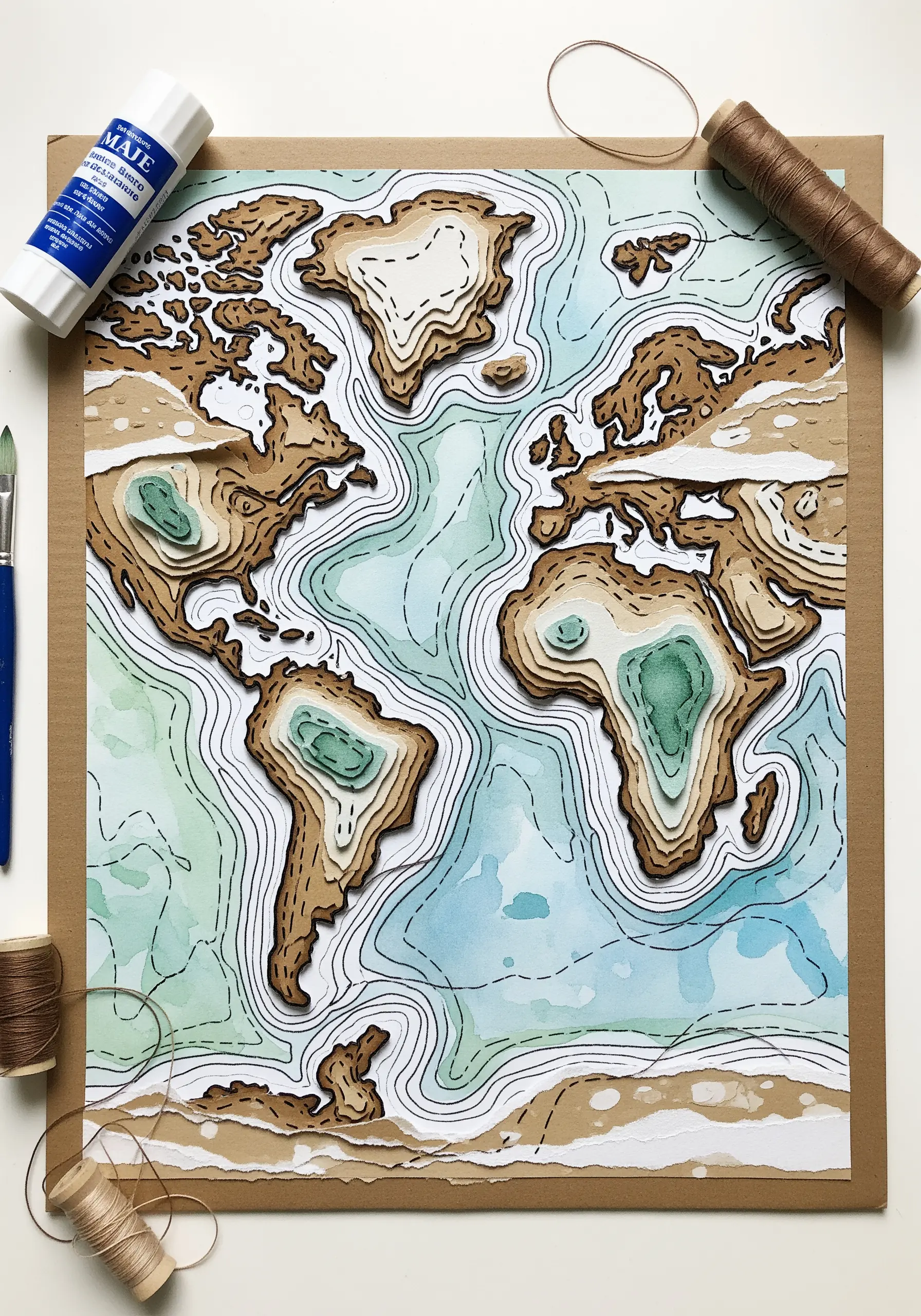 A 3D world map made with layered paper, watercolor, and stitched contour lines.