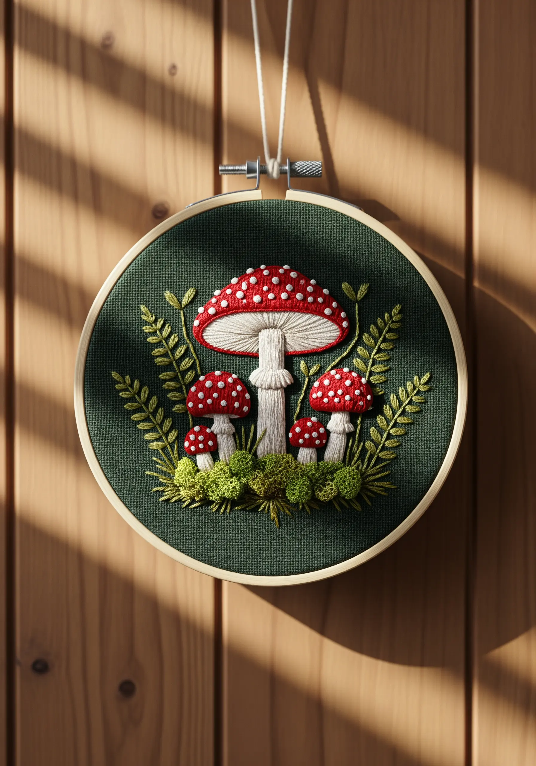 An embroidery hoop with dimensional red-capped mushrooms and textured green moss.