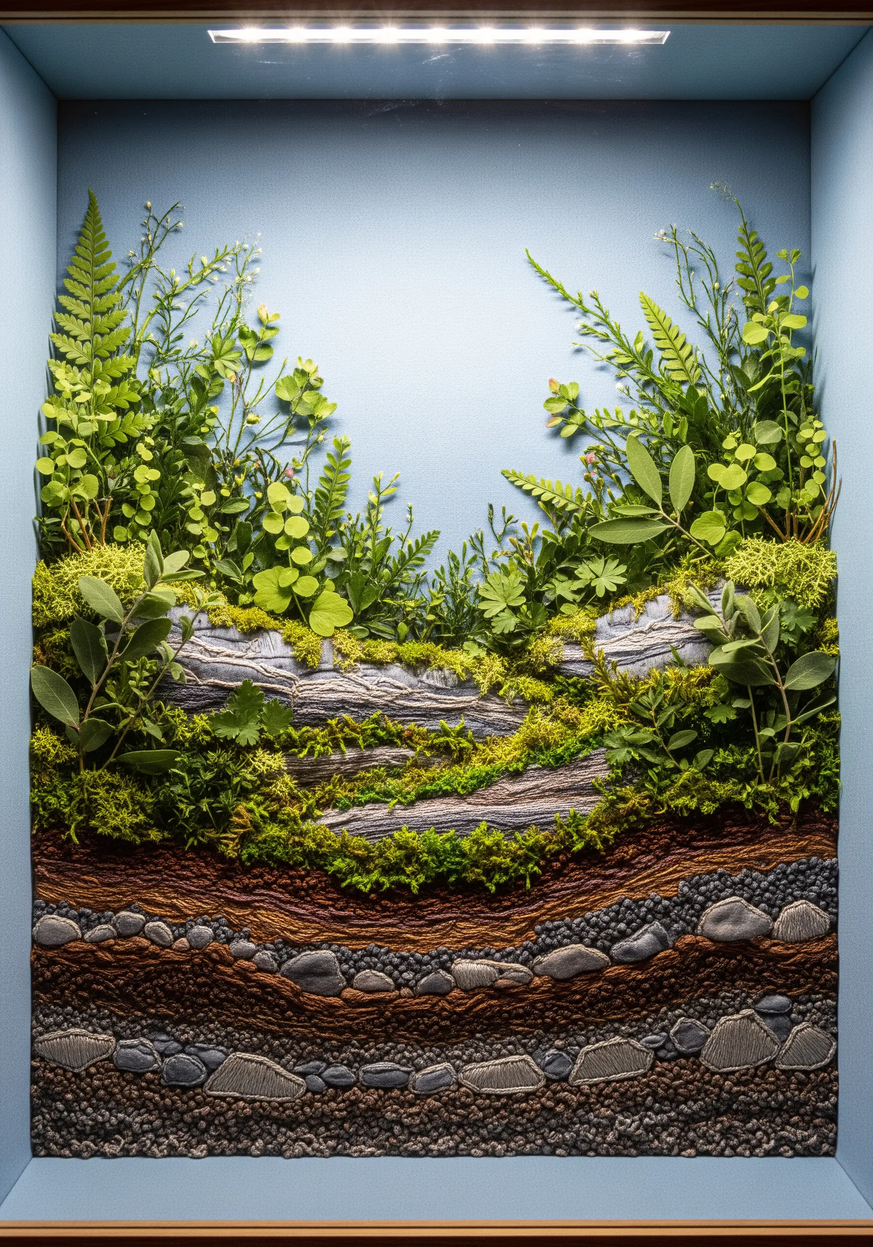 A 3D embroidered forest floor diorama with moss, rocks, and real ferns.