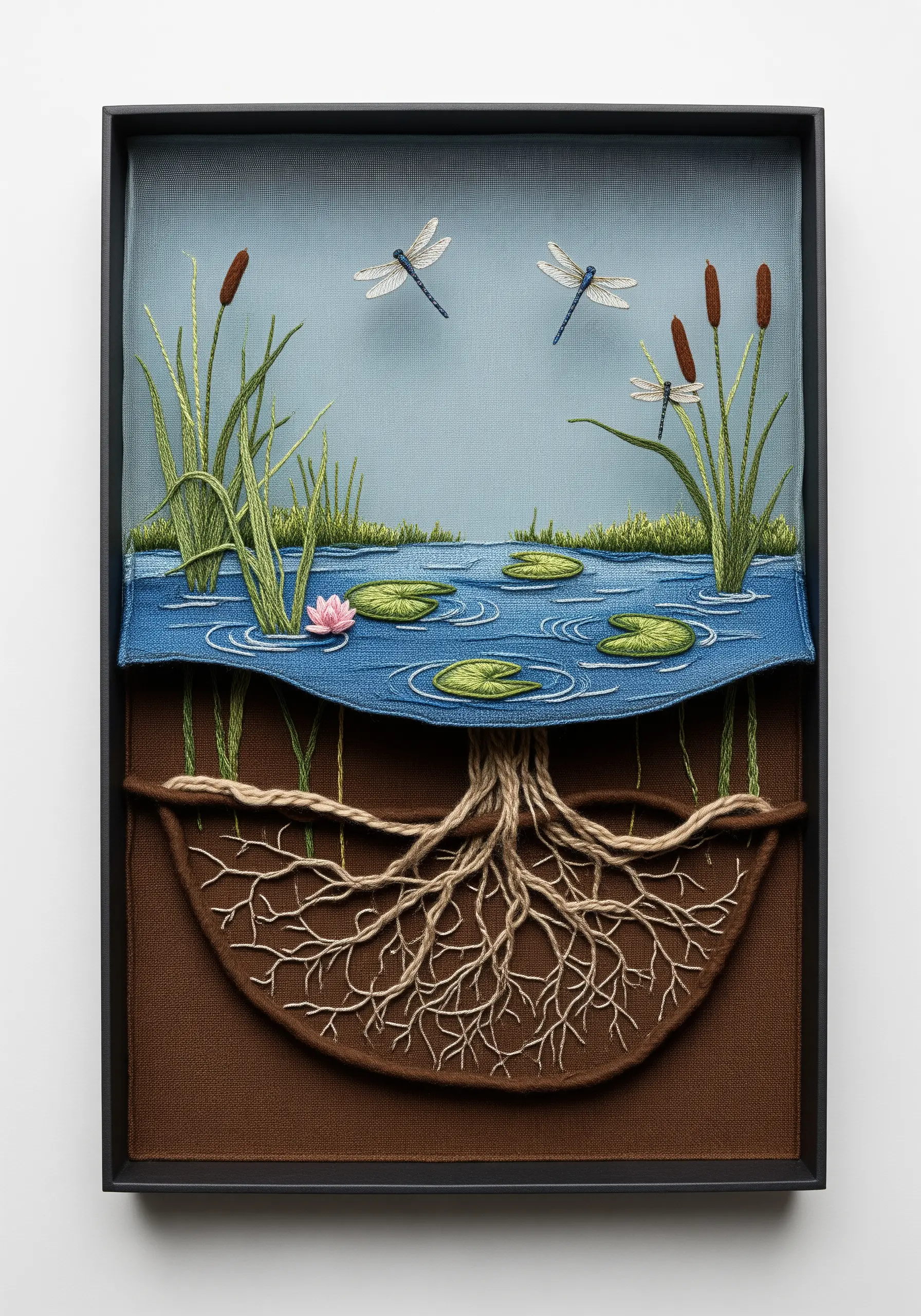A 3D diorama embroidery showing a pond's surface and the plant roots underneath.