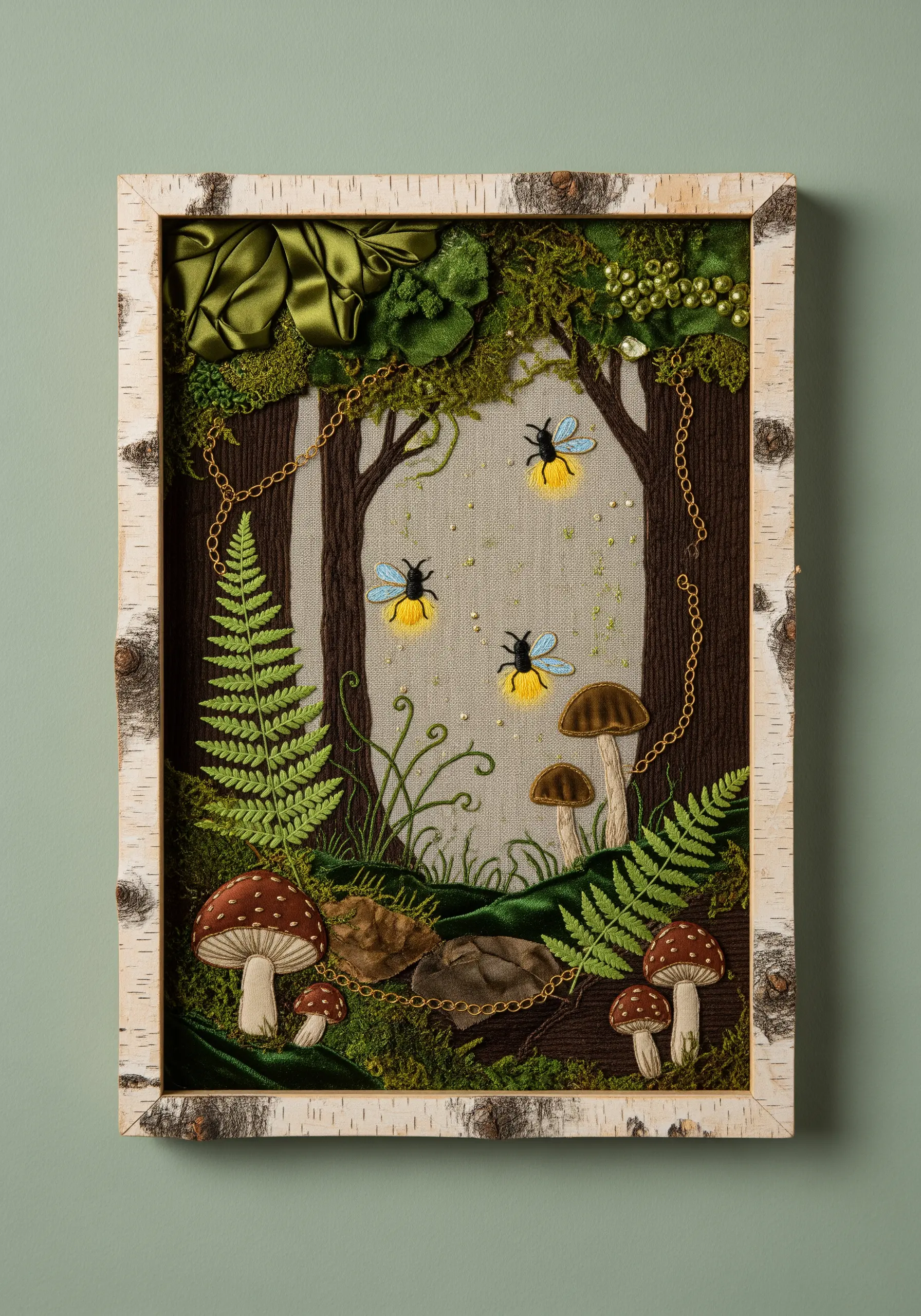 3D fabric collage of a forest scene with fireflies, moss, and mushrooms.