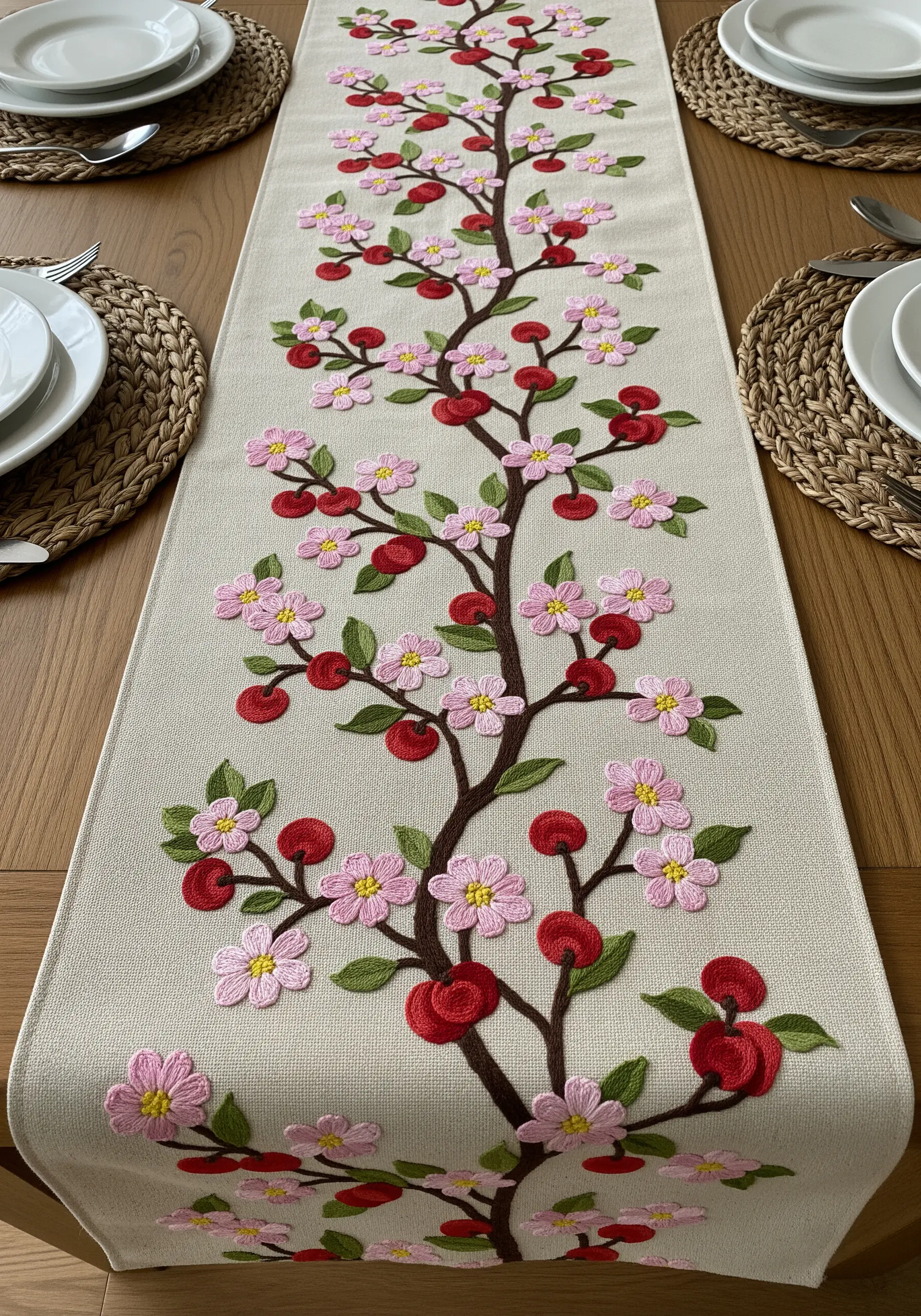 A table runner featuring a blossoming cherry tree with pink flowers and red cherries.