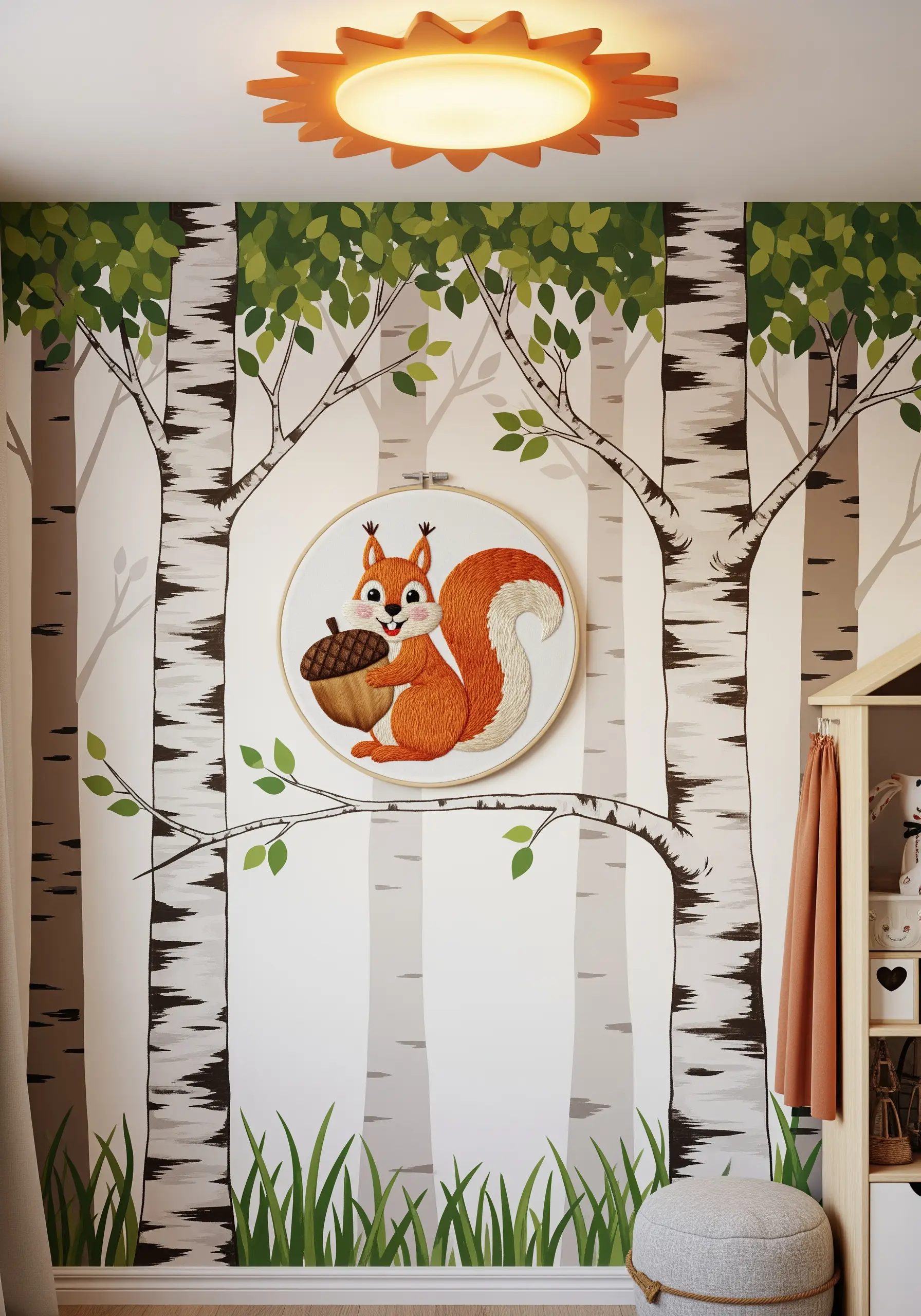 A cute squirrel holding an acorn, embroidered with a fluffy, textured tail.