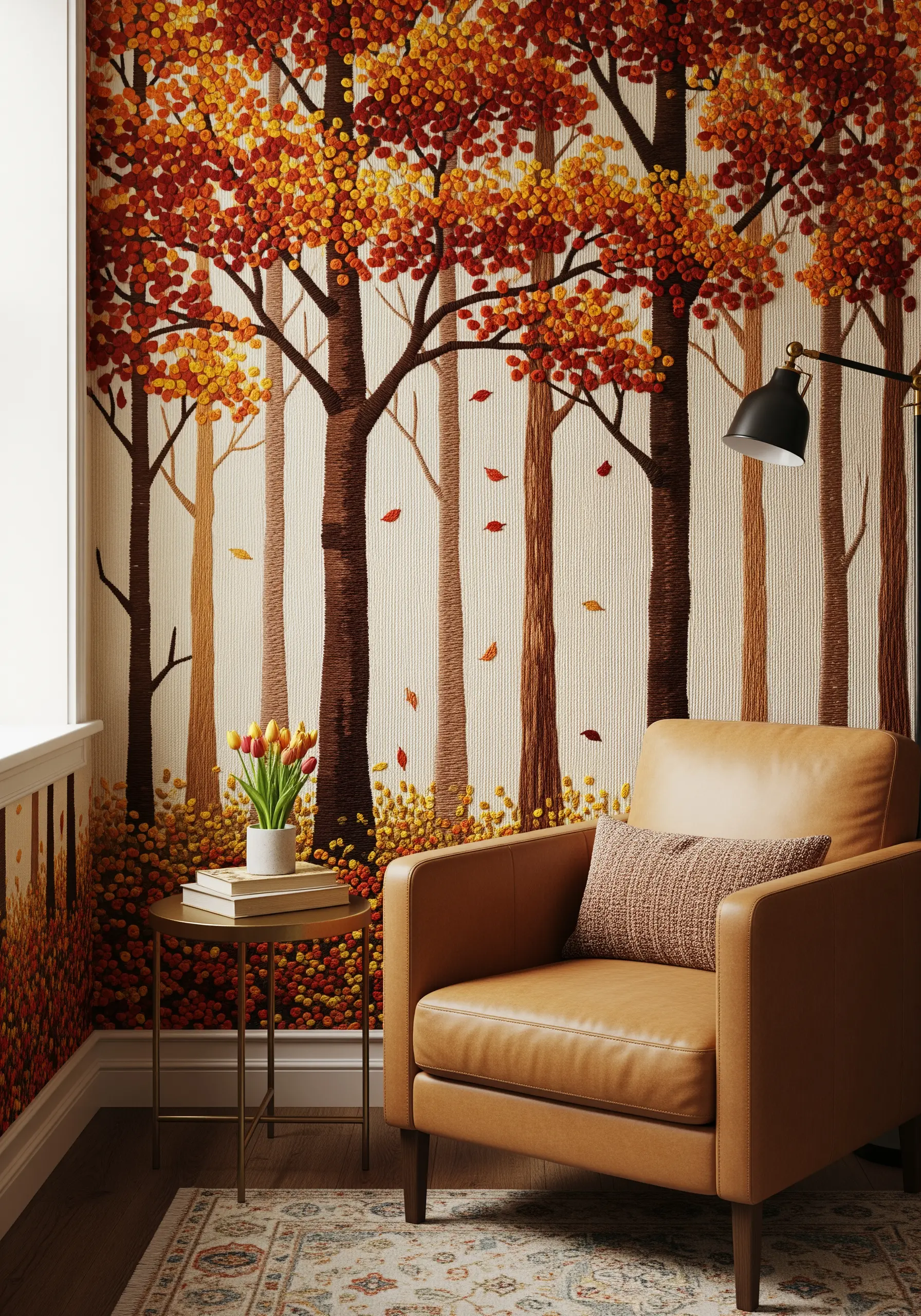 An embroidered autumn forest with textured, colorful leaves made of French knots.