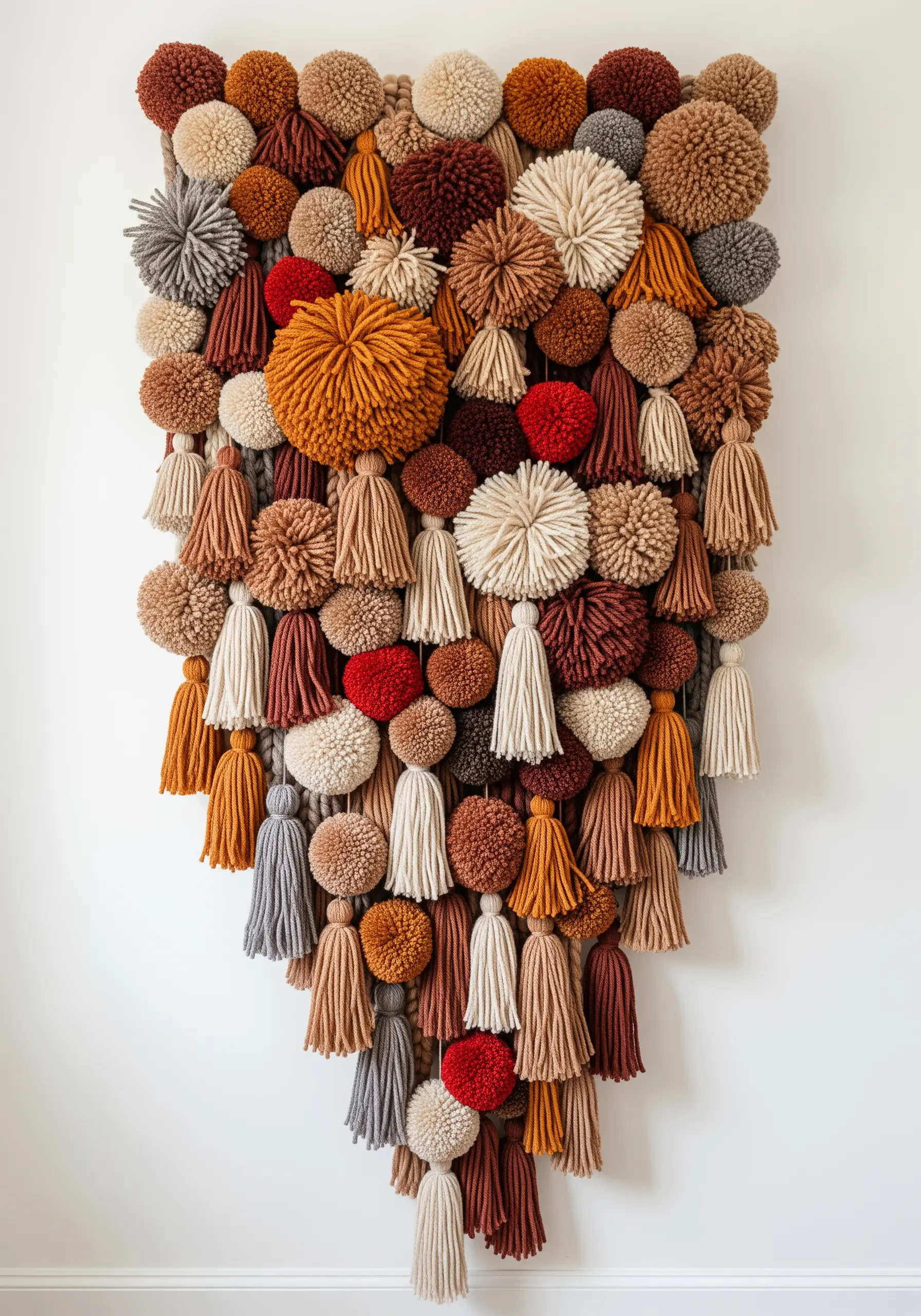 Wall hanging made entirely of densely clustered pom-poms and tassels in earthy tones.